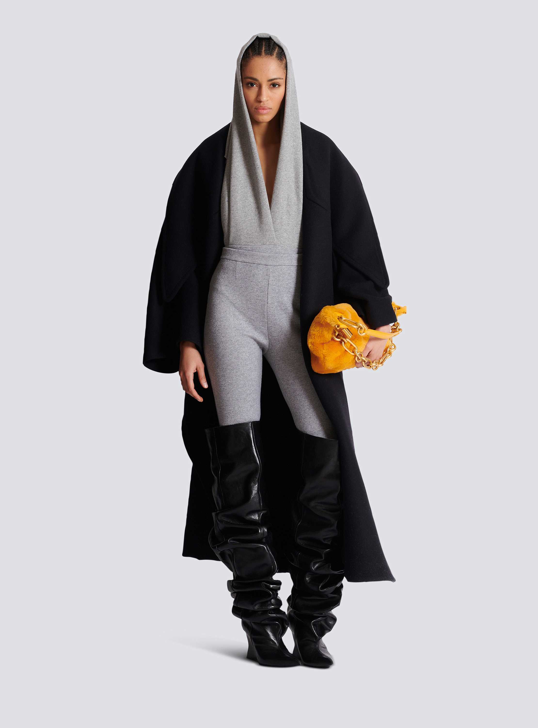 Draped bodysuit with hood