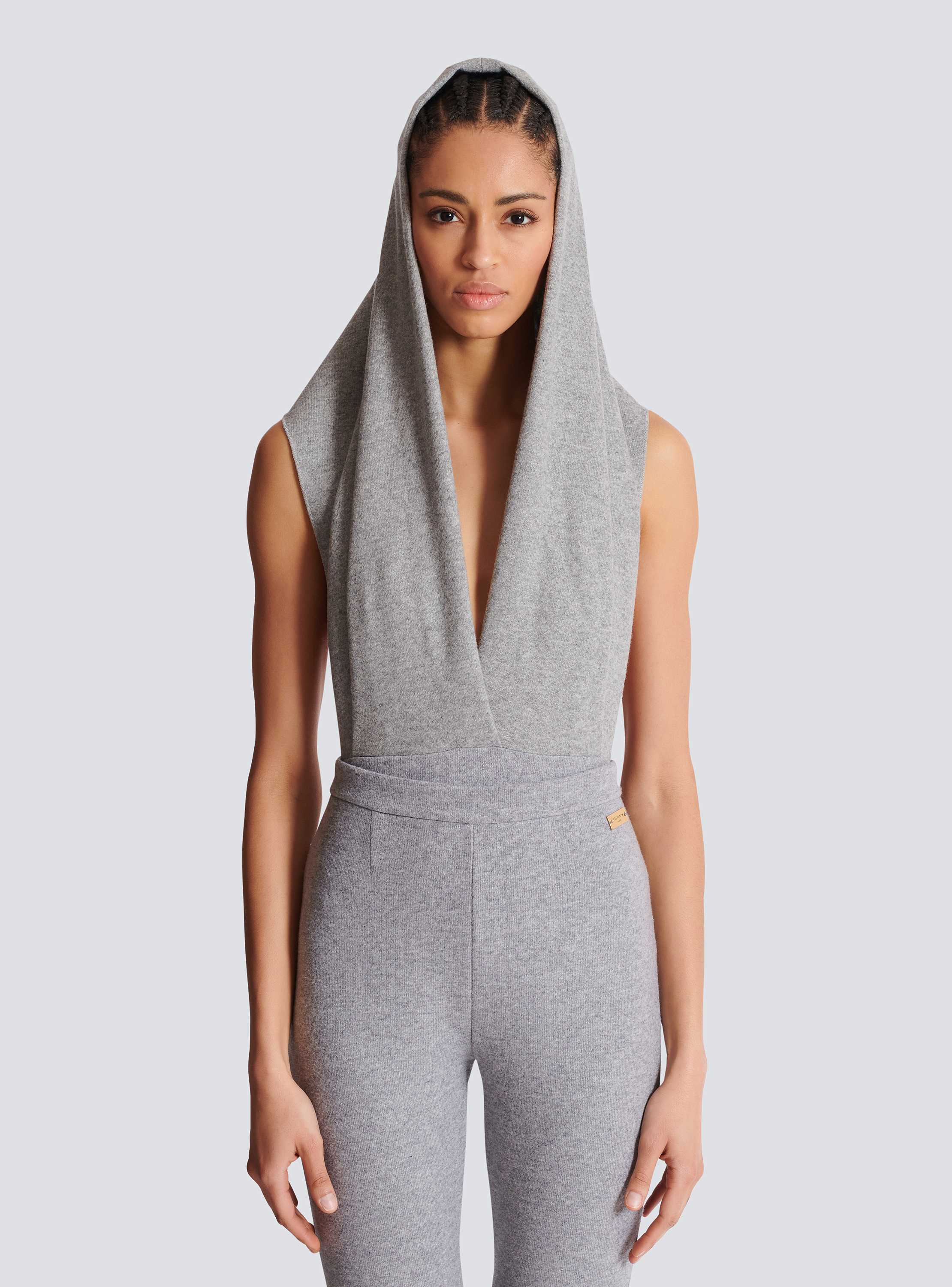 Draped bodysuit with hood