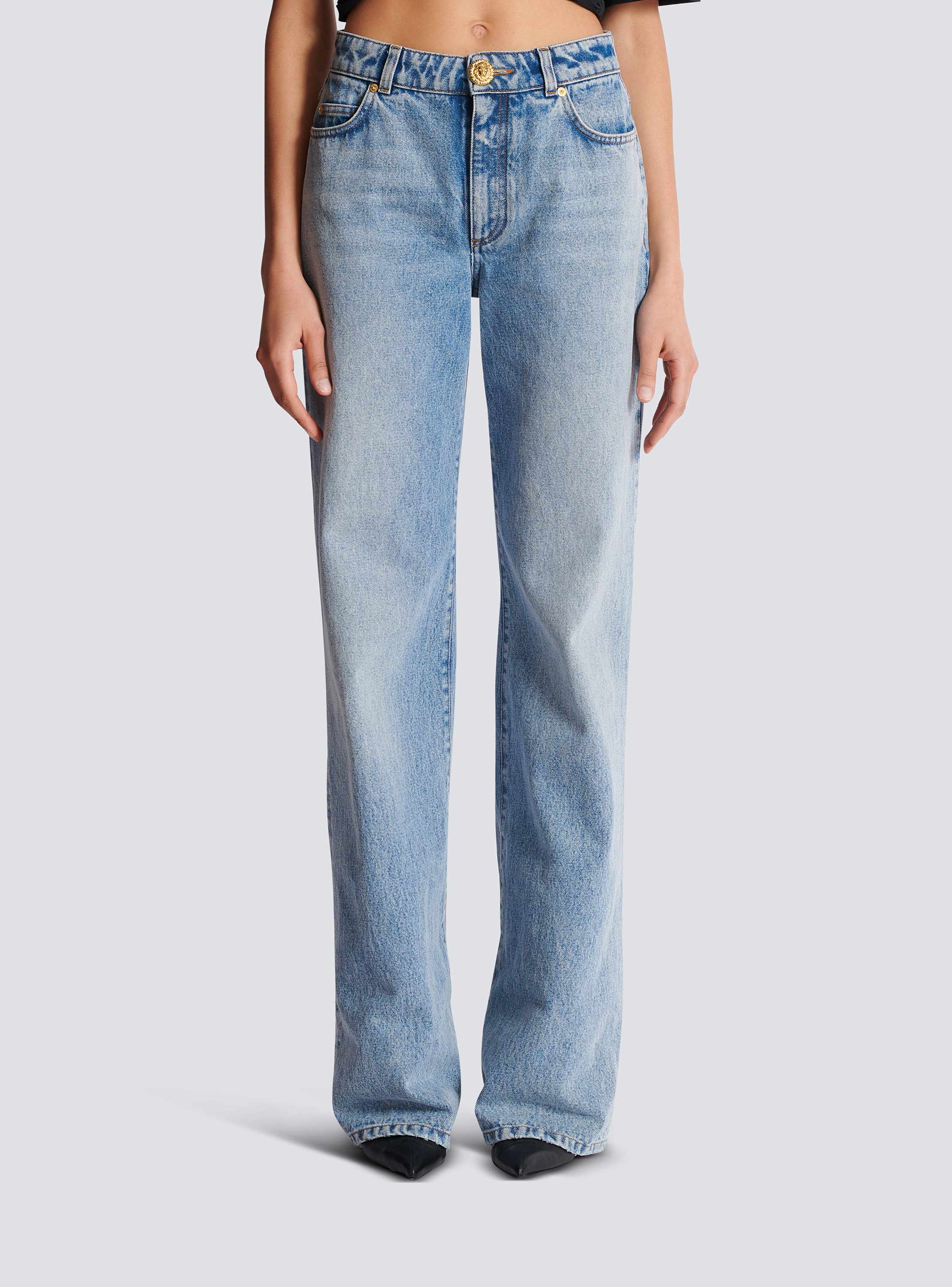 Straight-leg faded denim jeans