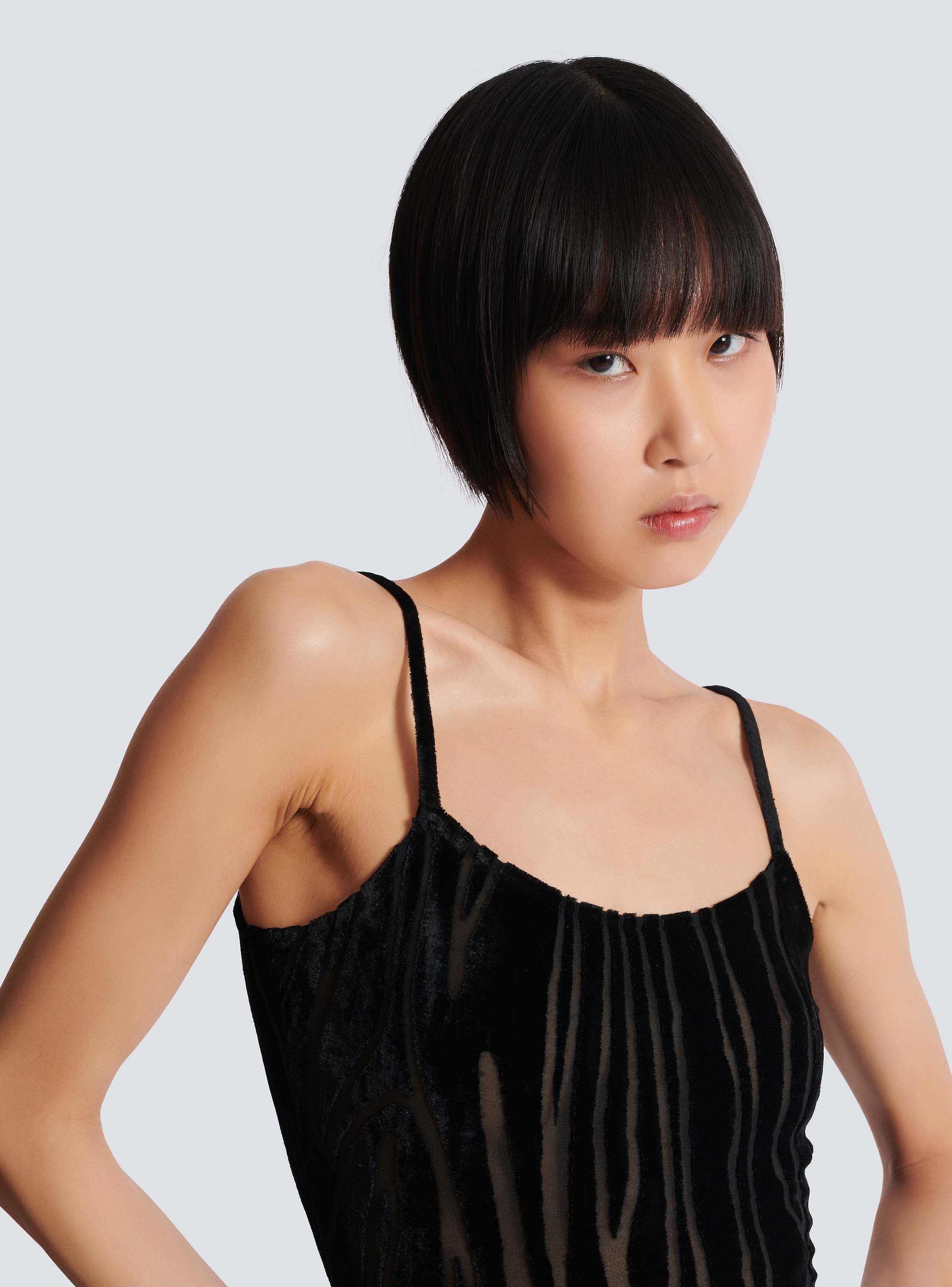 Short strappy dress in zebra-print velvet