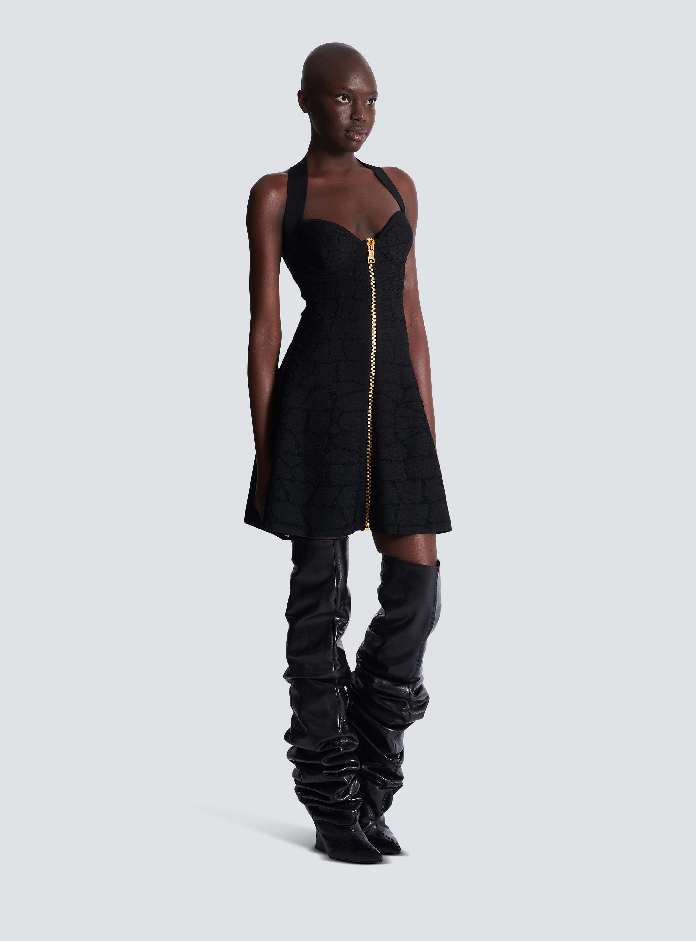 Flared halterneck dress in crocodile knit