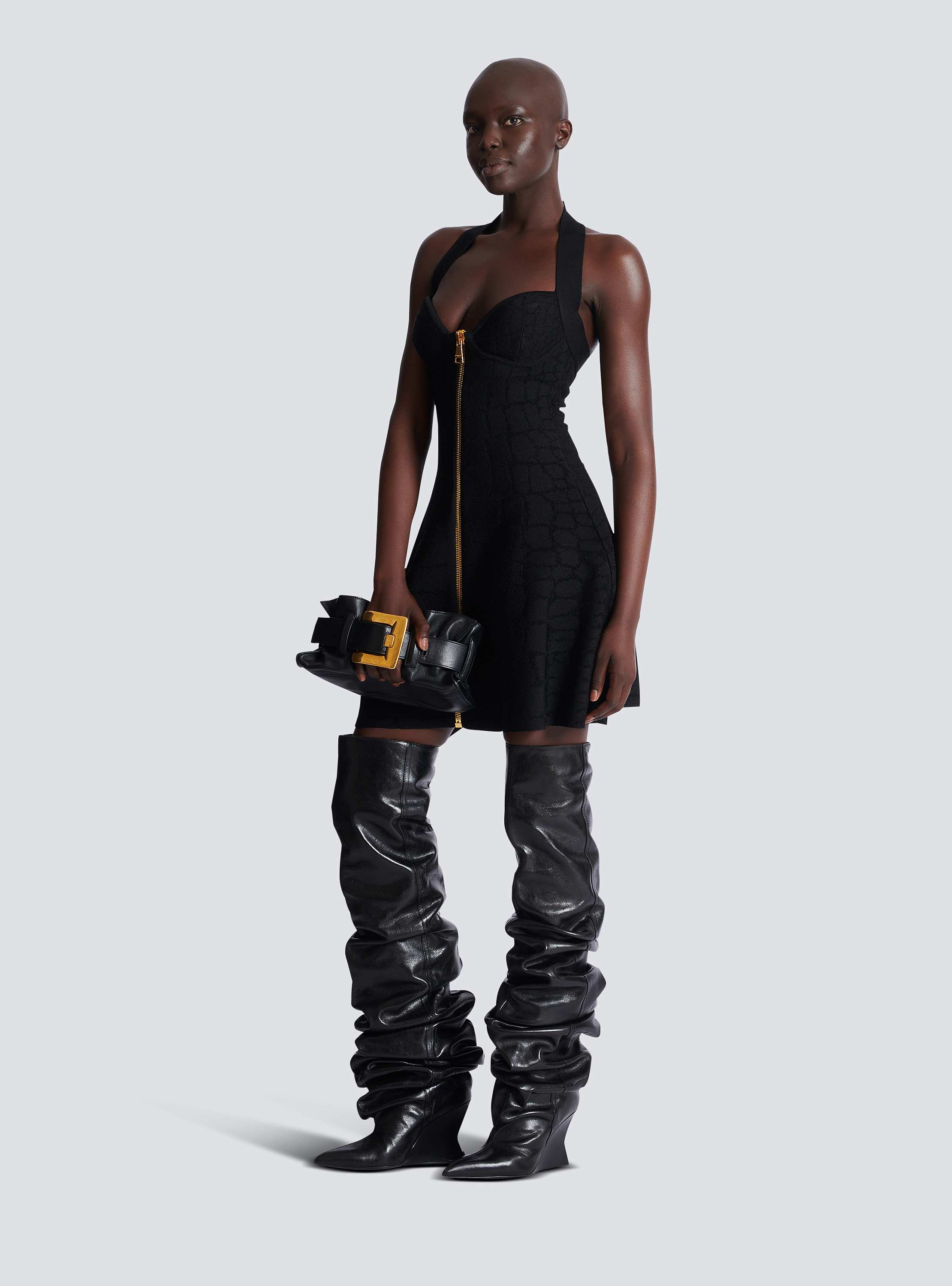 Flared halterneck dress in crocodile knit