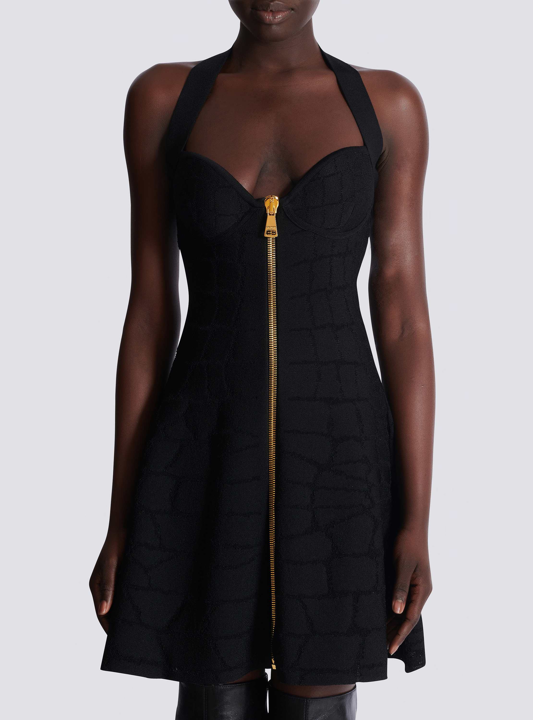 Flared halterneck dress in crocodile knit