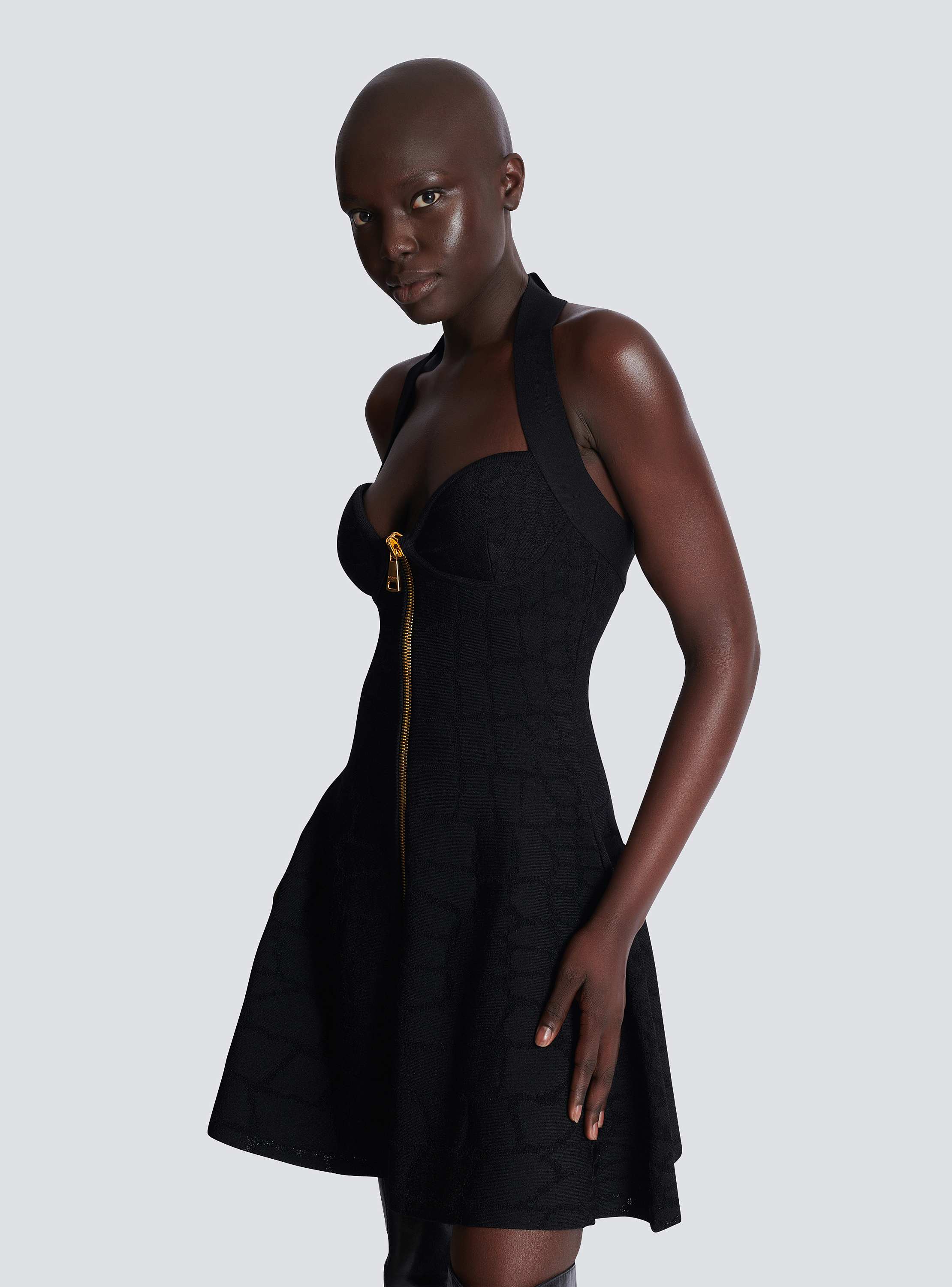 Flared halterneck dress in crocodile knit