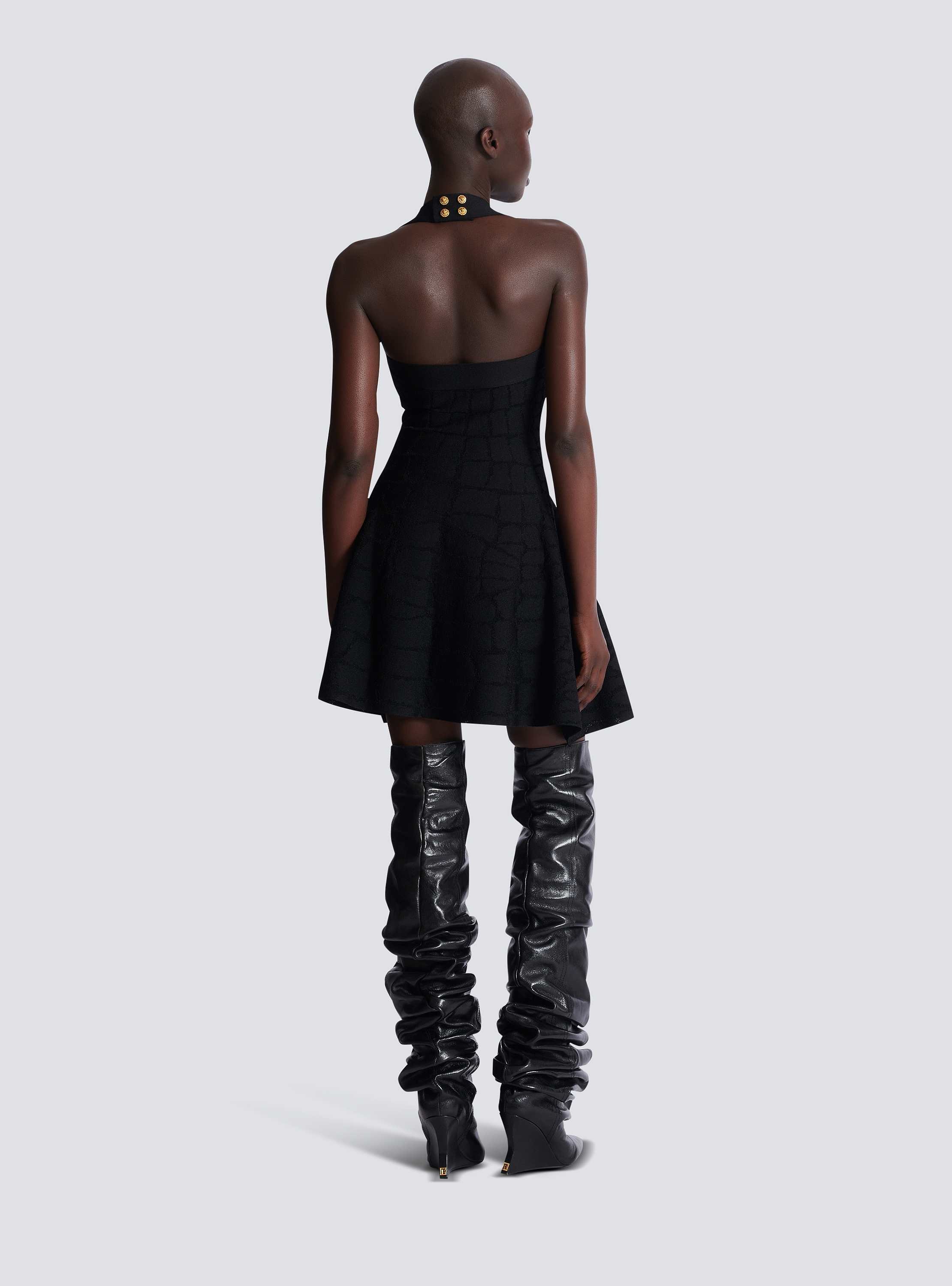 Flared halterneck dress in crocodile knit