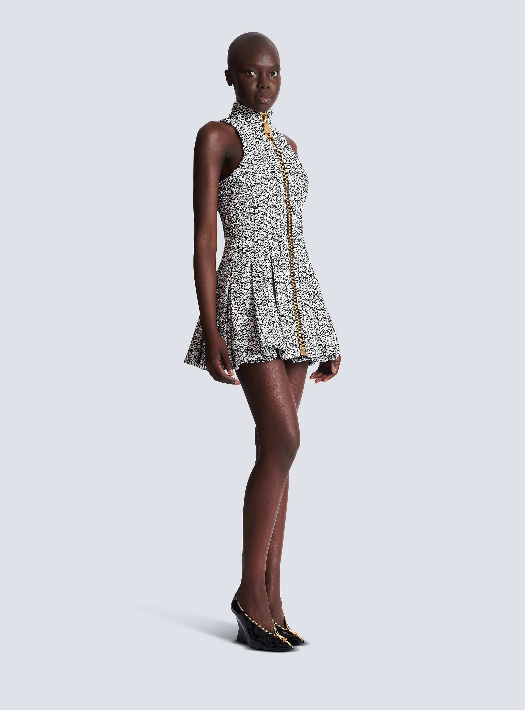 Sleeveless flared tweed dress