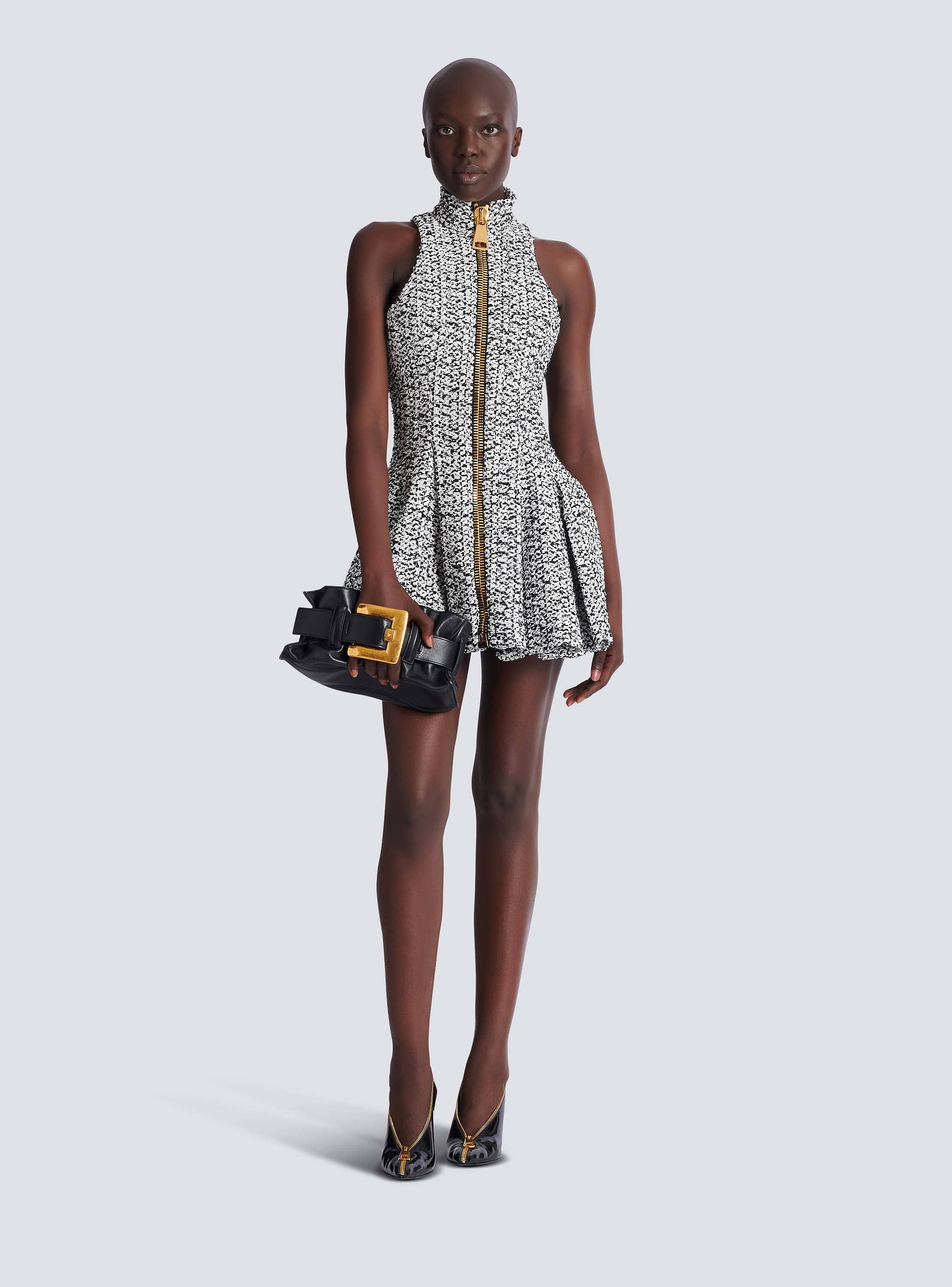 Sleeveless flared tweed dress