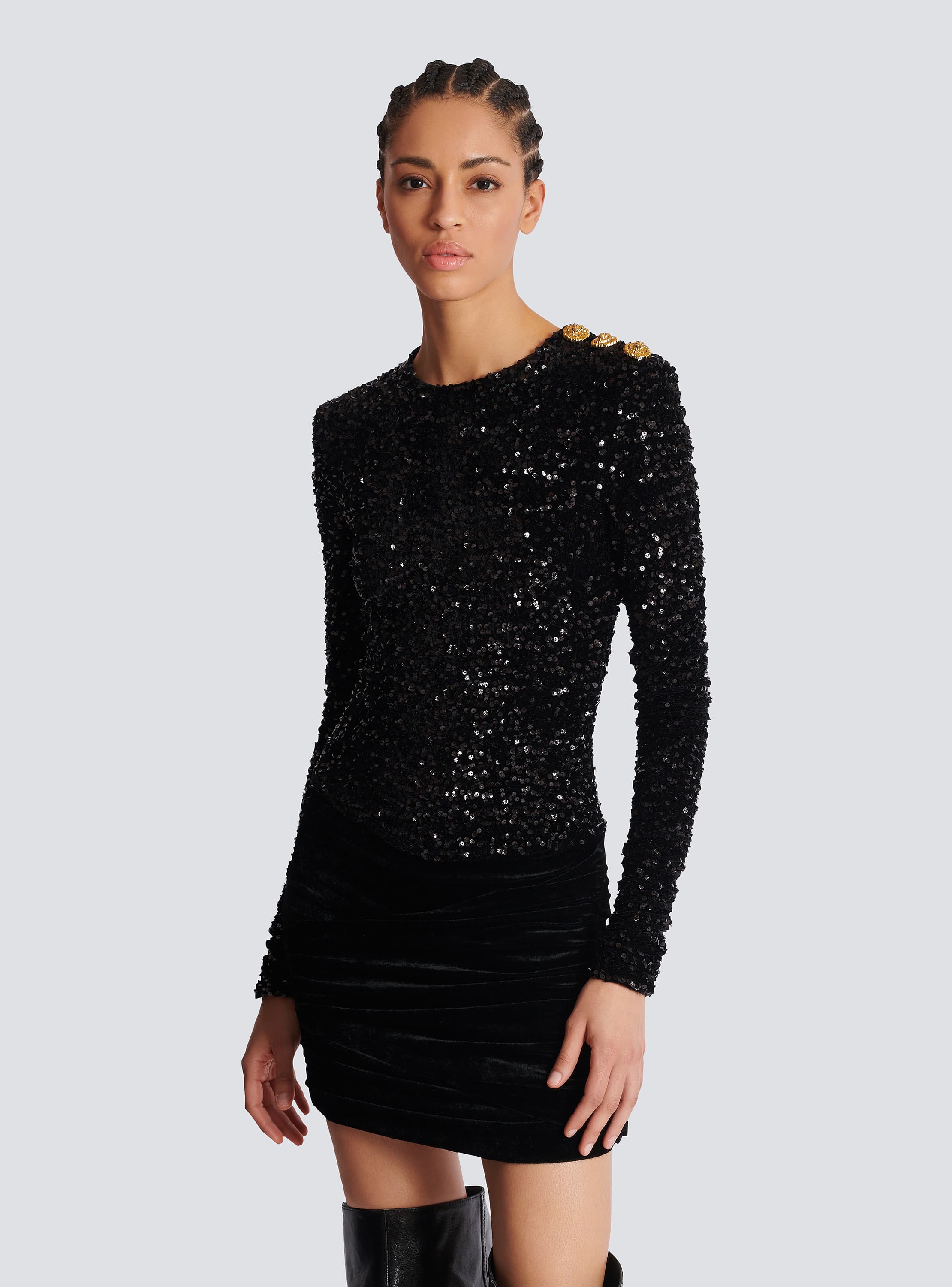 Robe courte drap&eacute;e &agrave; paillettes et velours