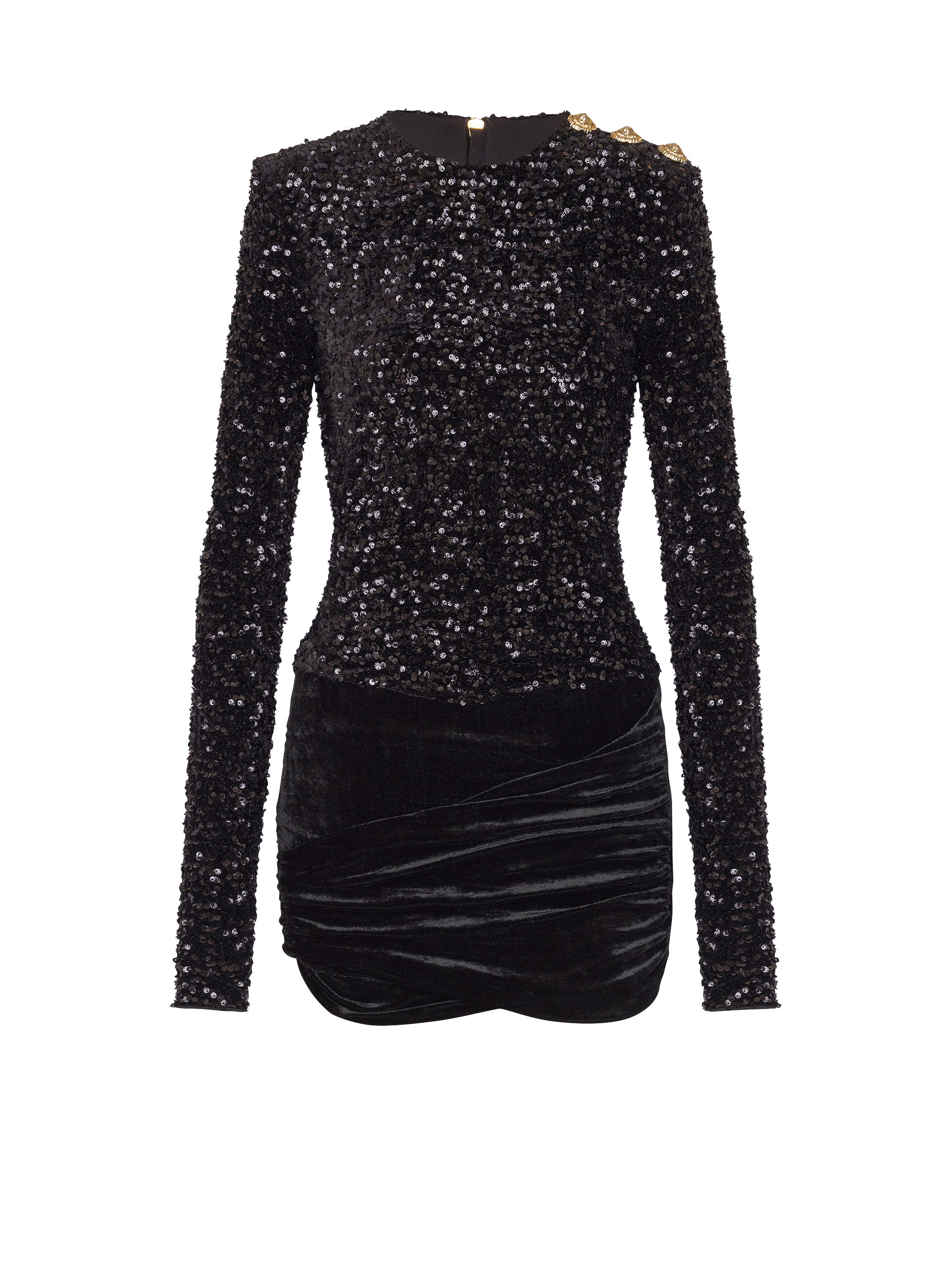Robe courte drap&eacute;e &agrave; paillettes et velours