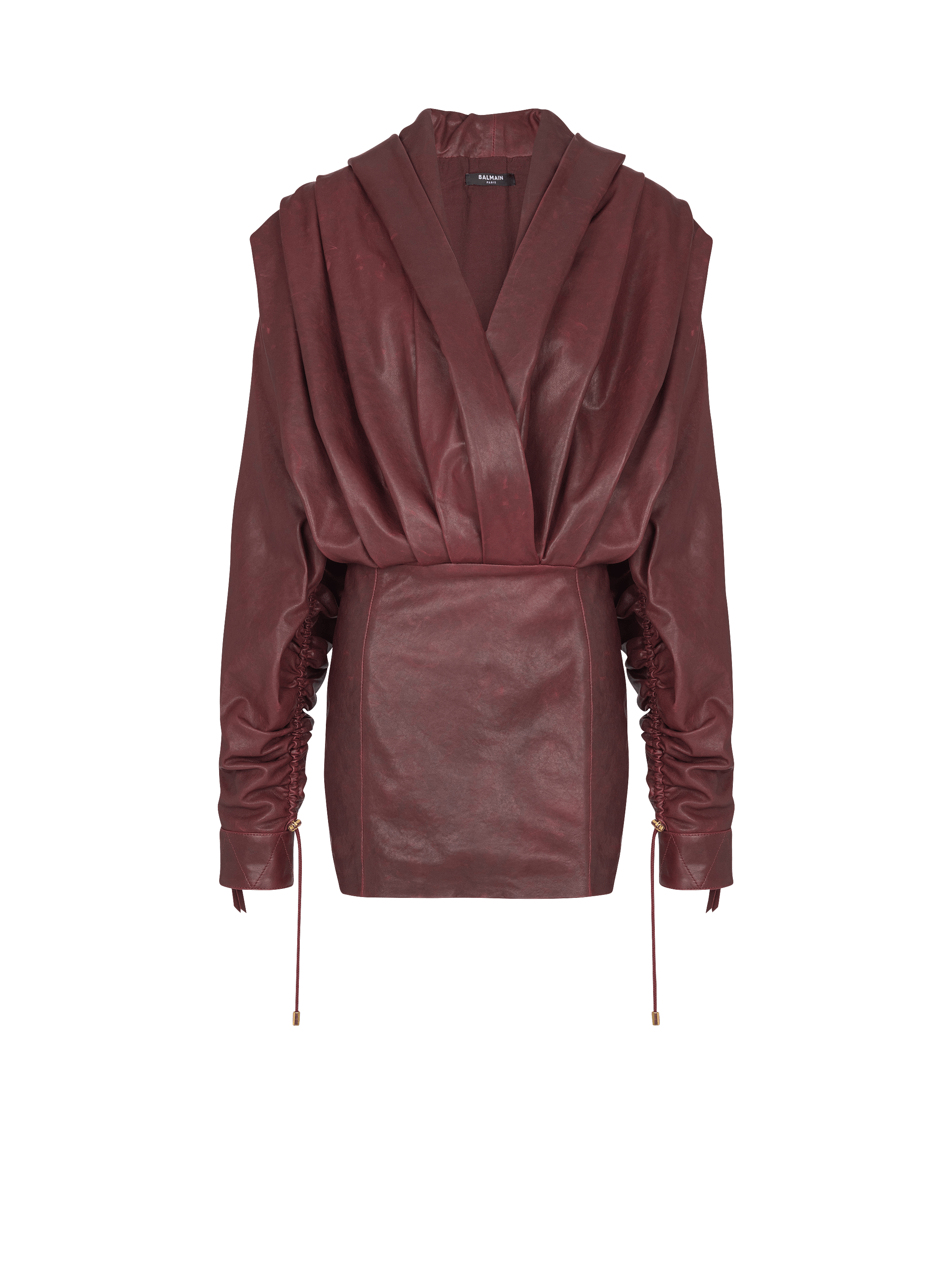 Short hooded dress in washed lambskin 