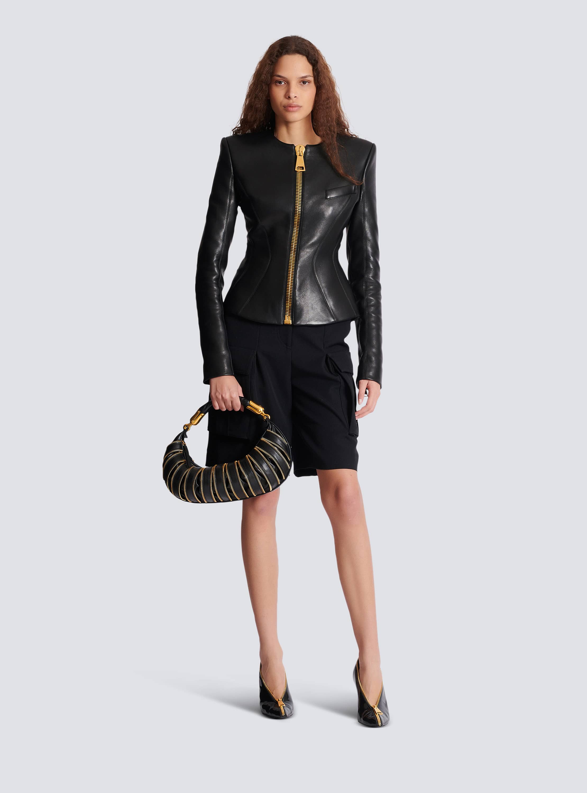 Cropped peplum lambskin jacket