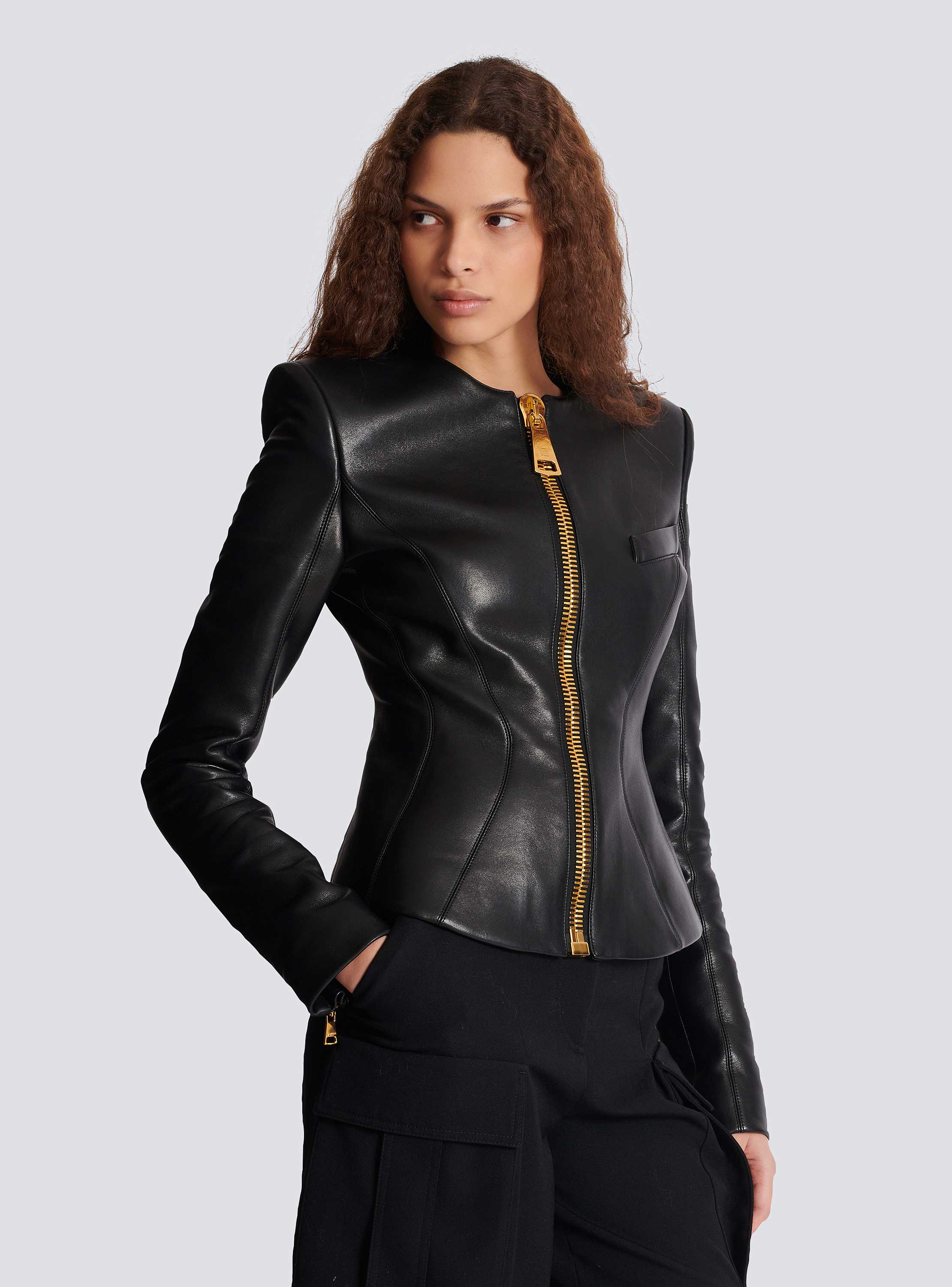 Cropped peplum lambskin jacket