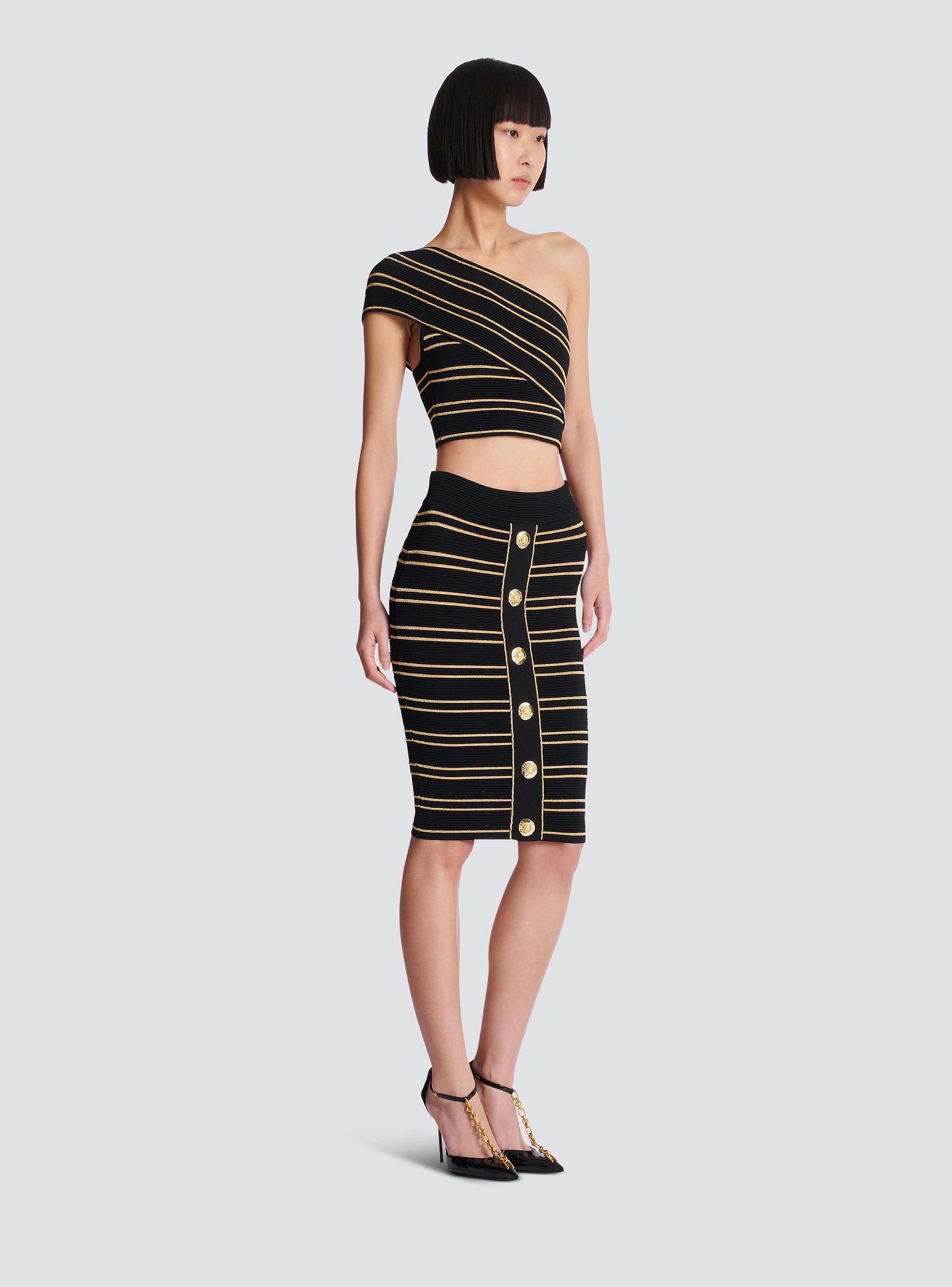 One Shoulder Piping Knit Crop Top