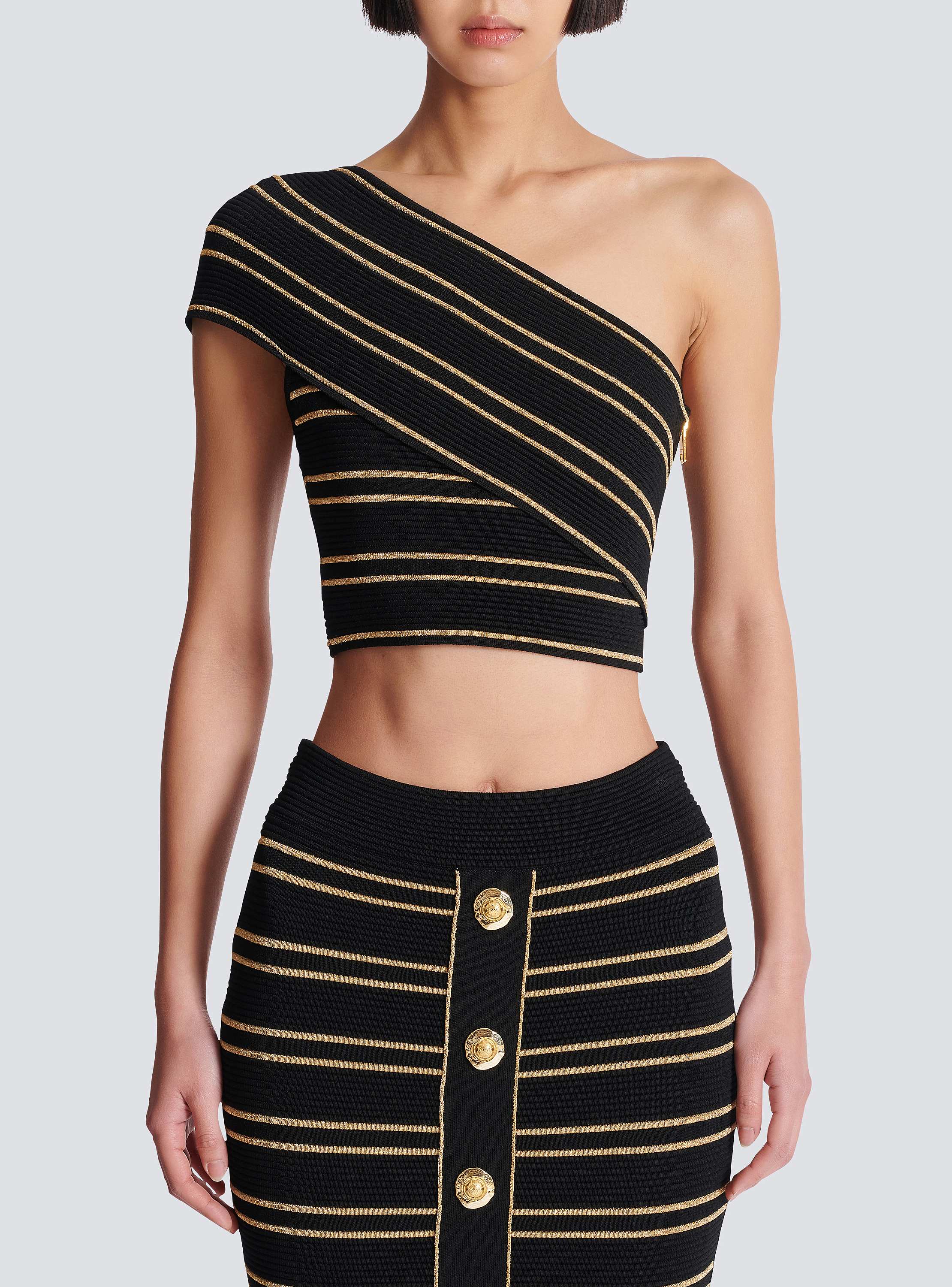 One Shoulder Piping Knit Crop Top