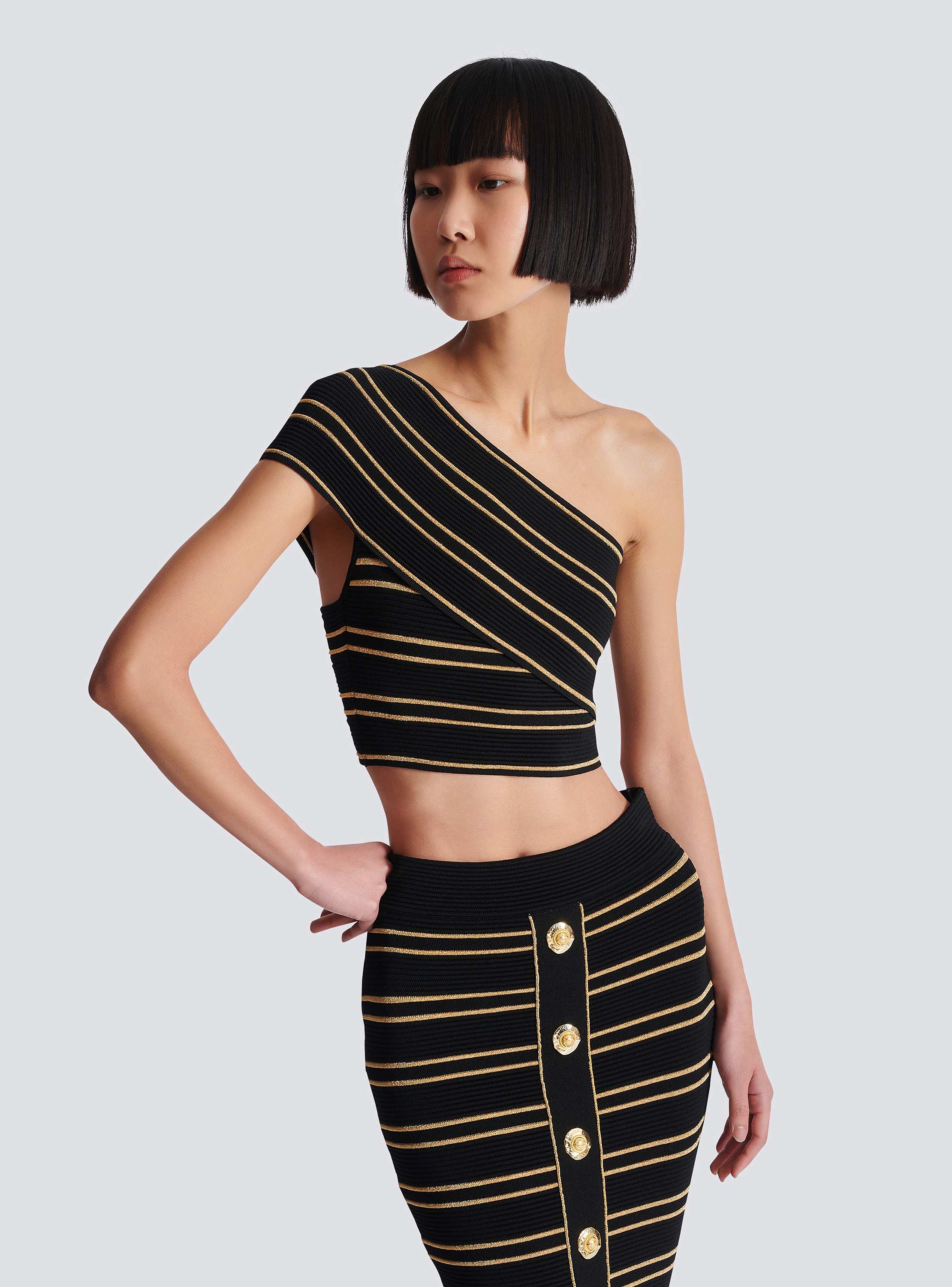 One Shoulder Piping Knit Crop Top