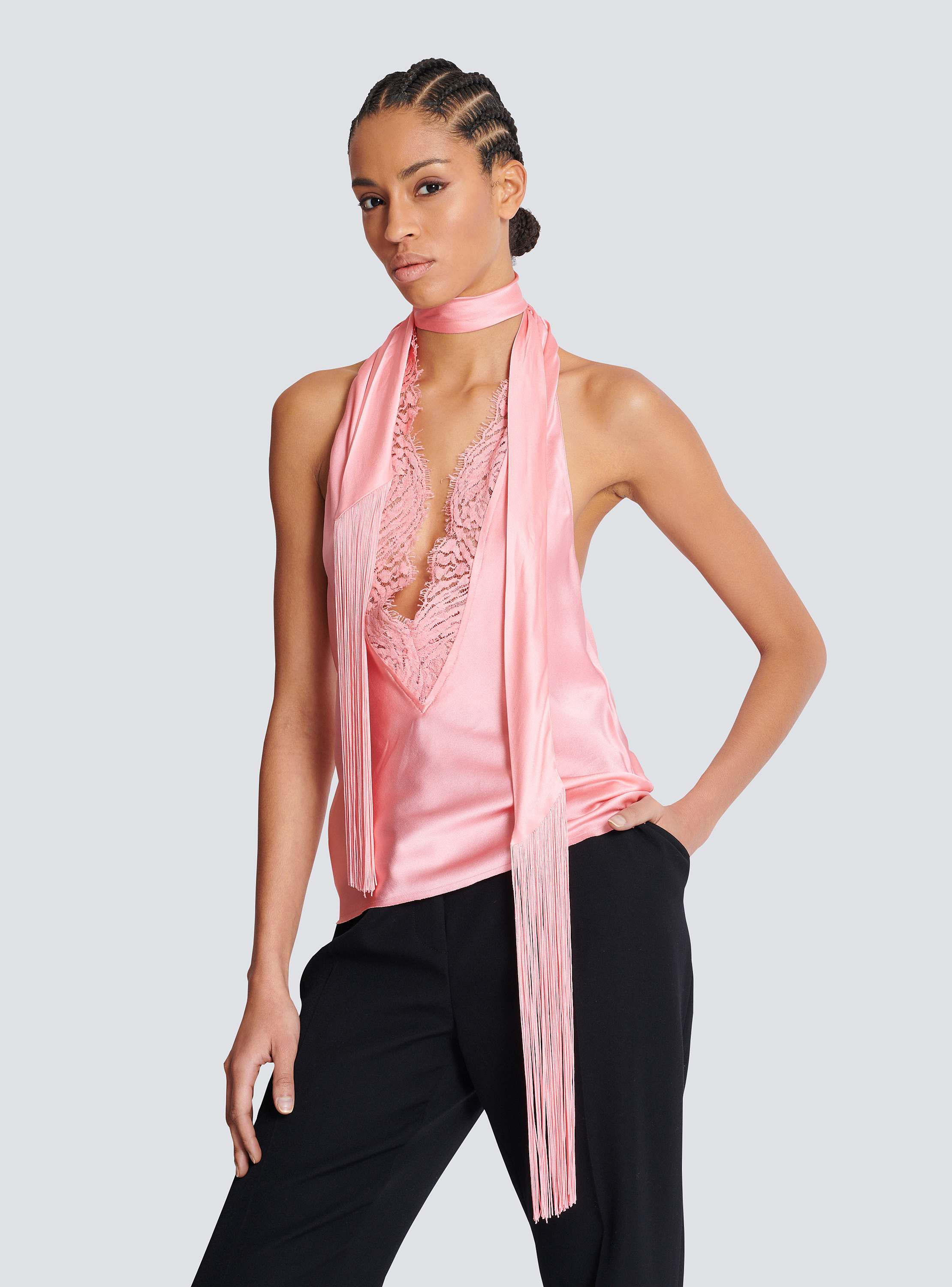 Backless fringed satin top