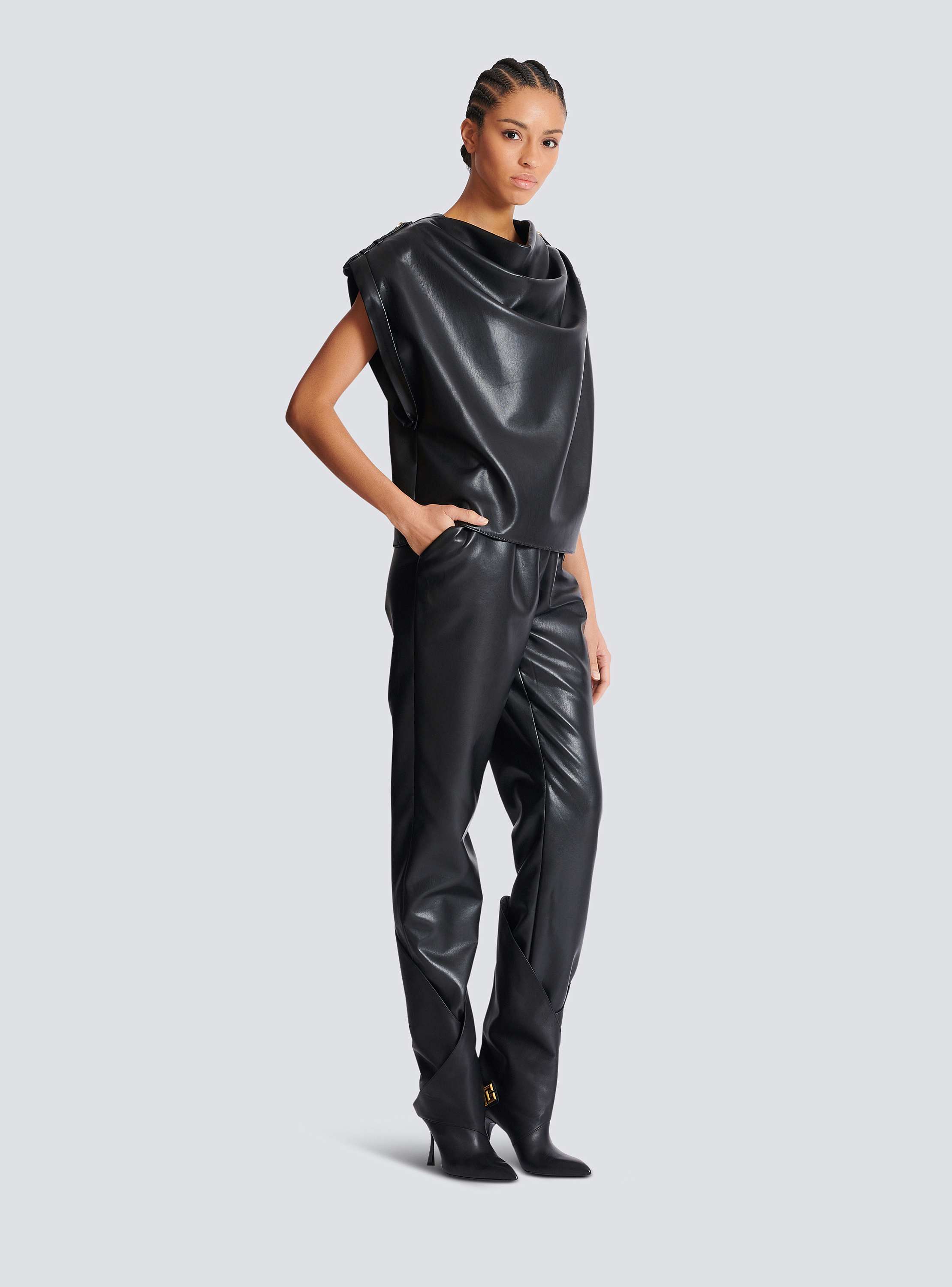 Faux leather draped top 