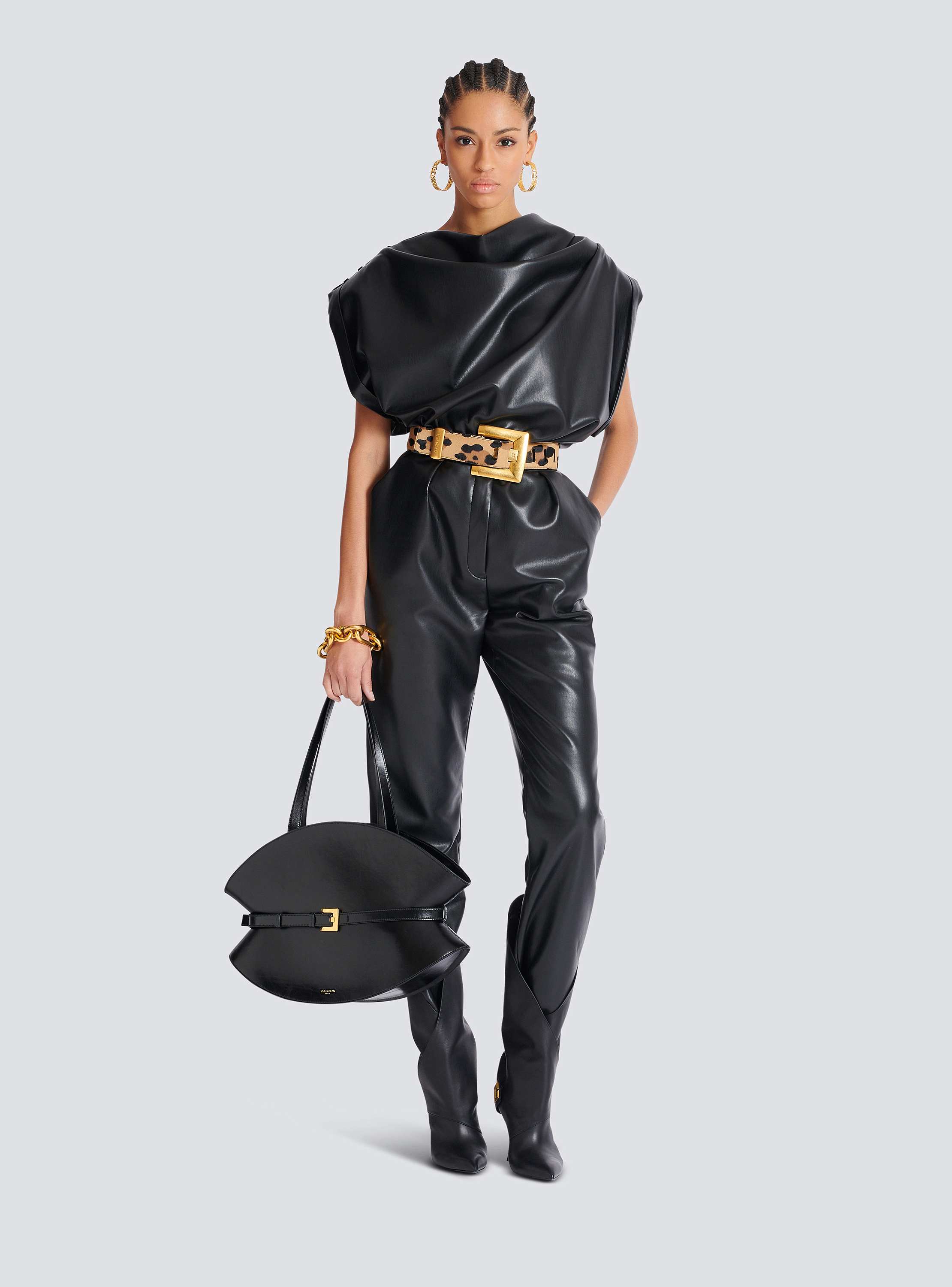 Faux leather draped top 