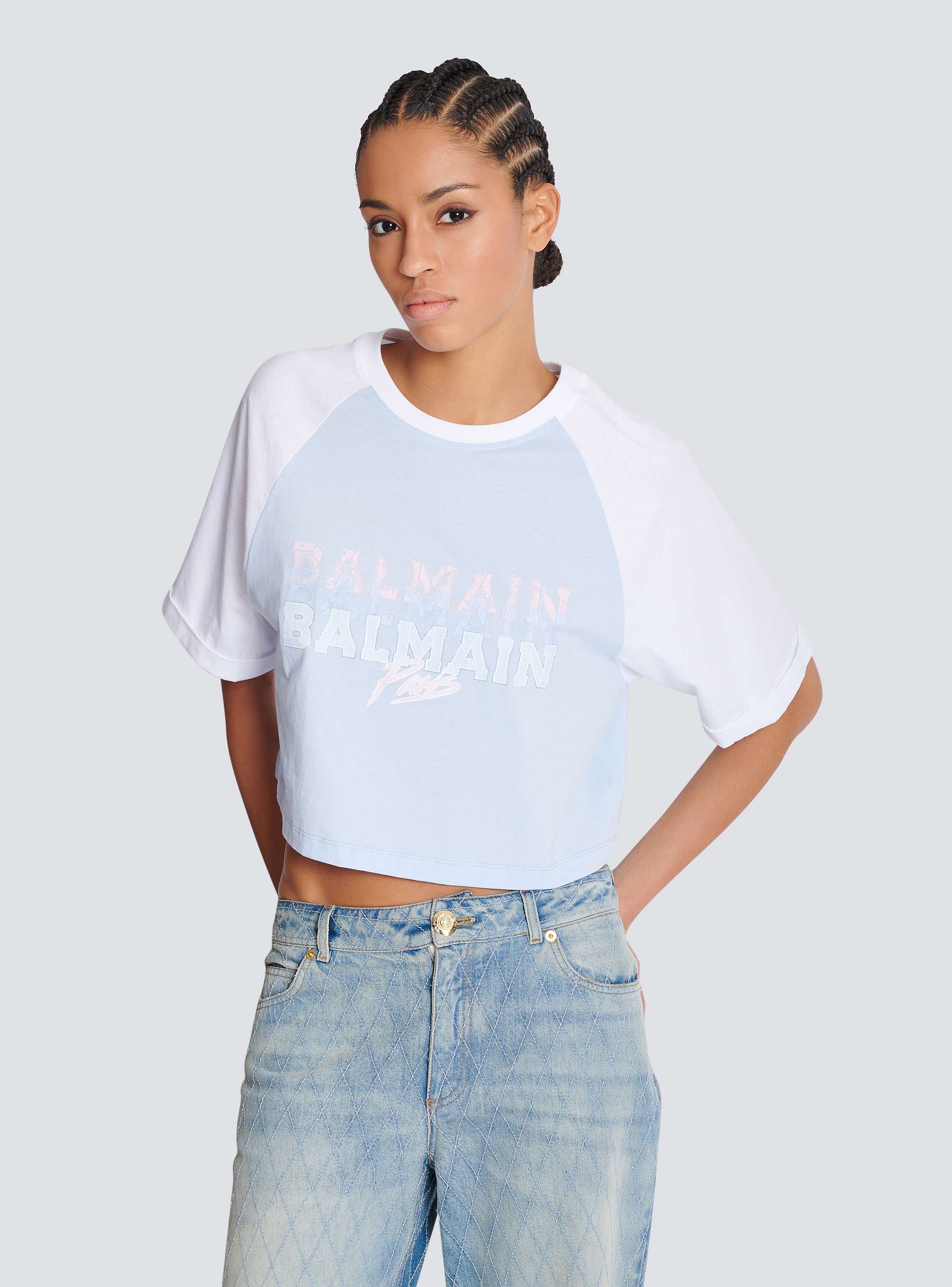 Cropped T-shirt with Balmain Paris print blue blue - Women