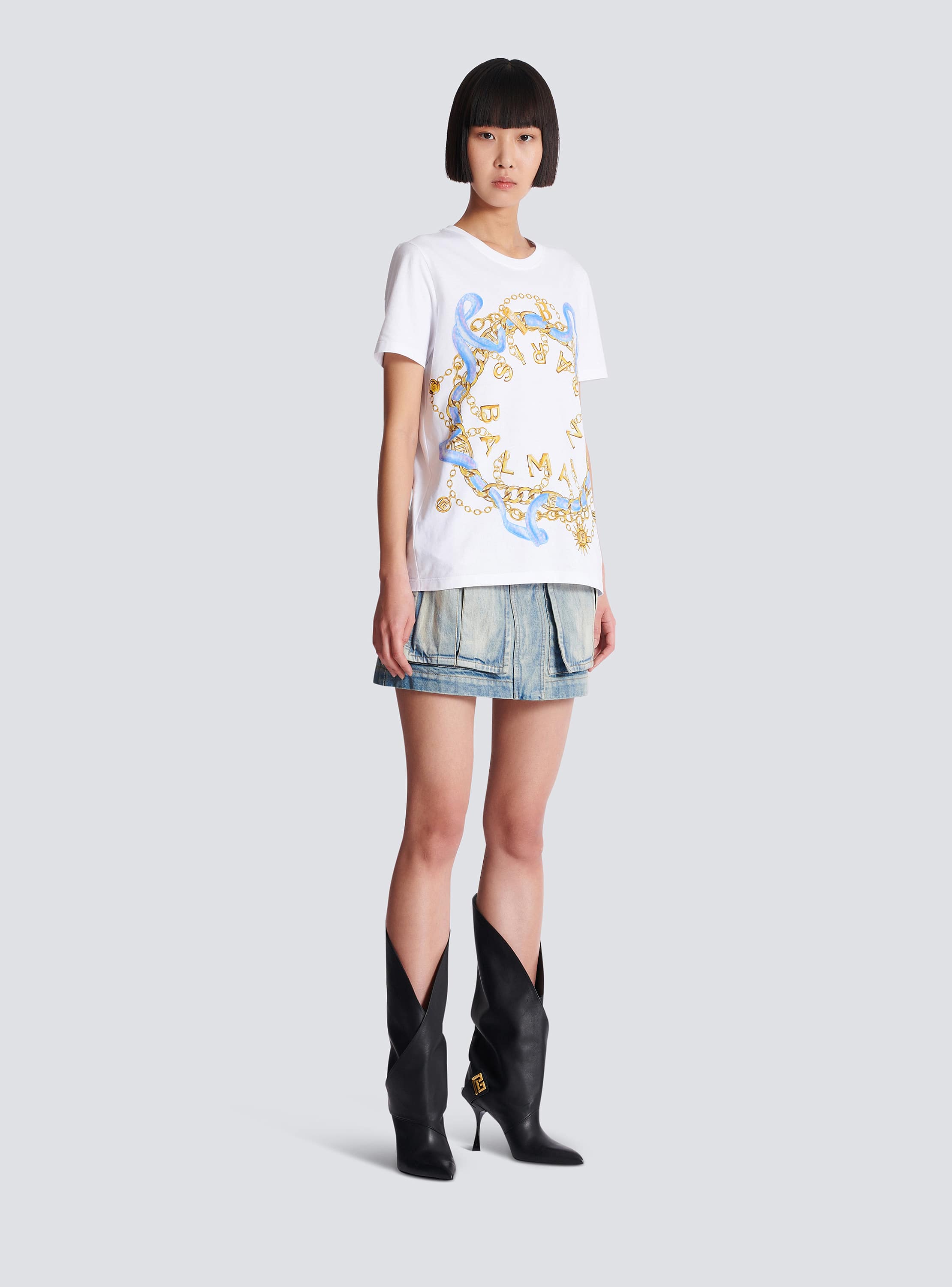 Tシャツ・カットソー BALMAIN Women Tunic Tops FF1EF000GF09 WHITE T-shirt with Balmain Paris Chain print white white - Women