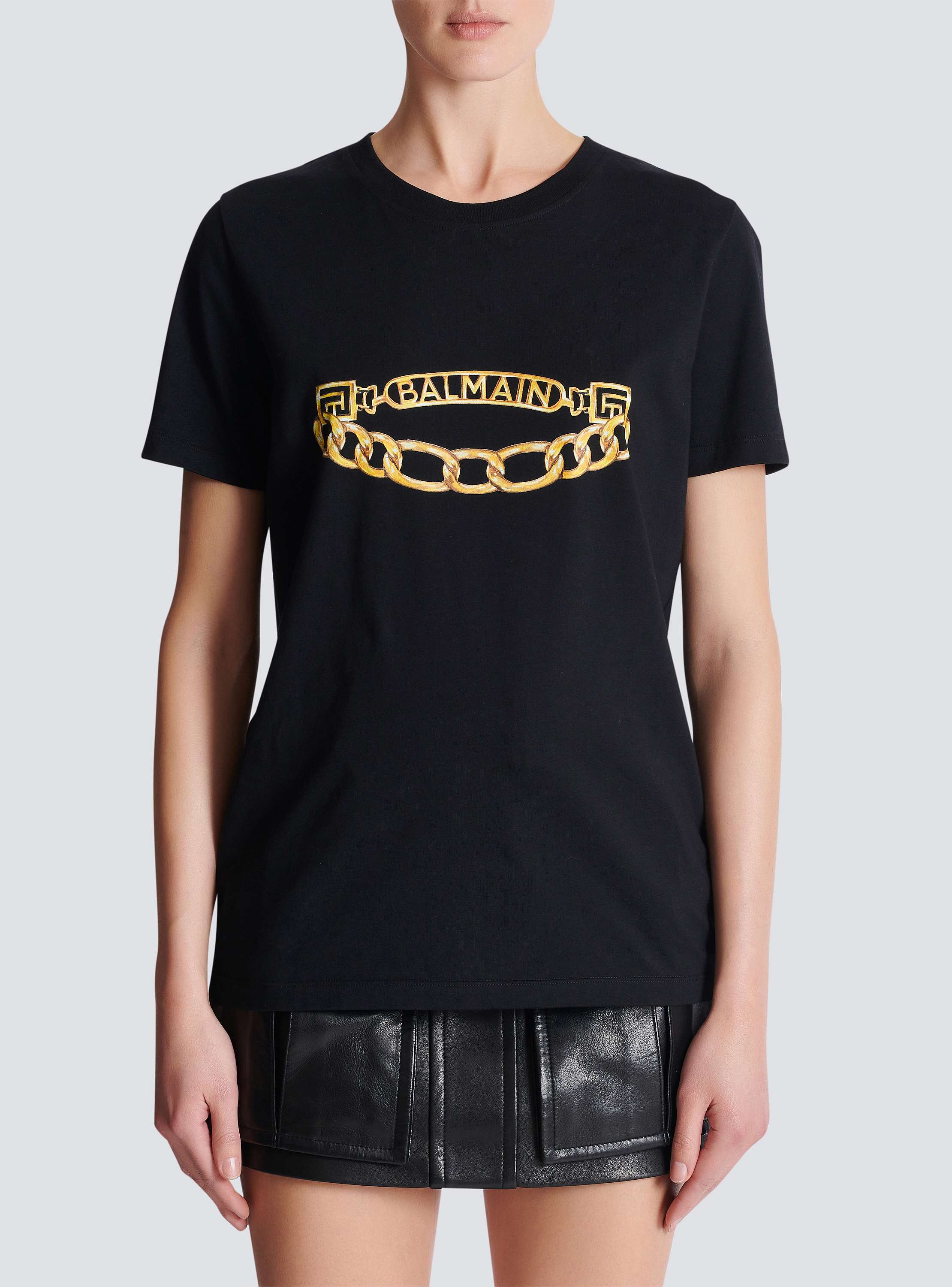 Tシャツ・カットソー Balmain Graphic Chain Motif Black T-Shirt With Short Sleeves Short-sleeved Balmain Chain print T-shirt - Women | BALMAIN