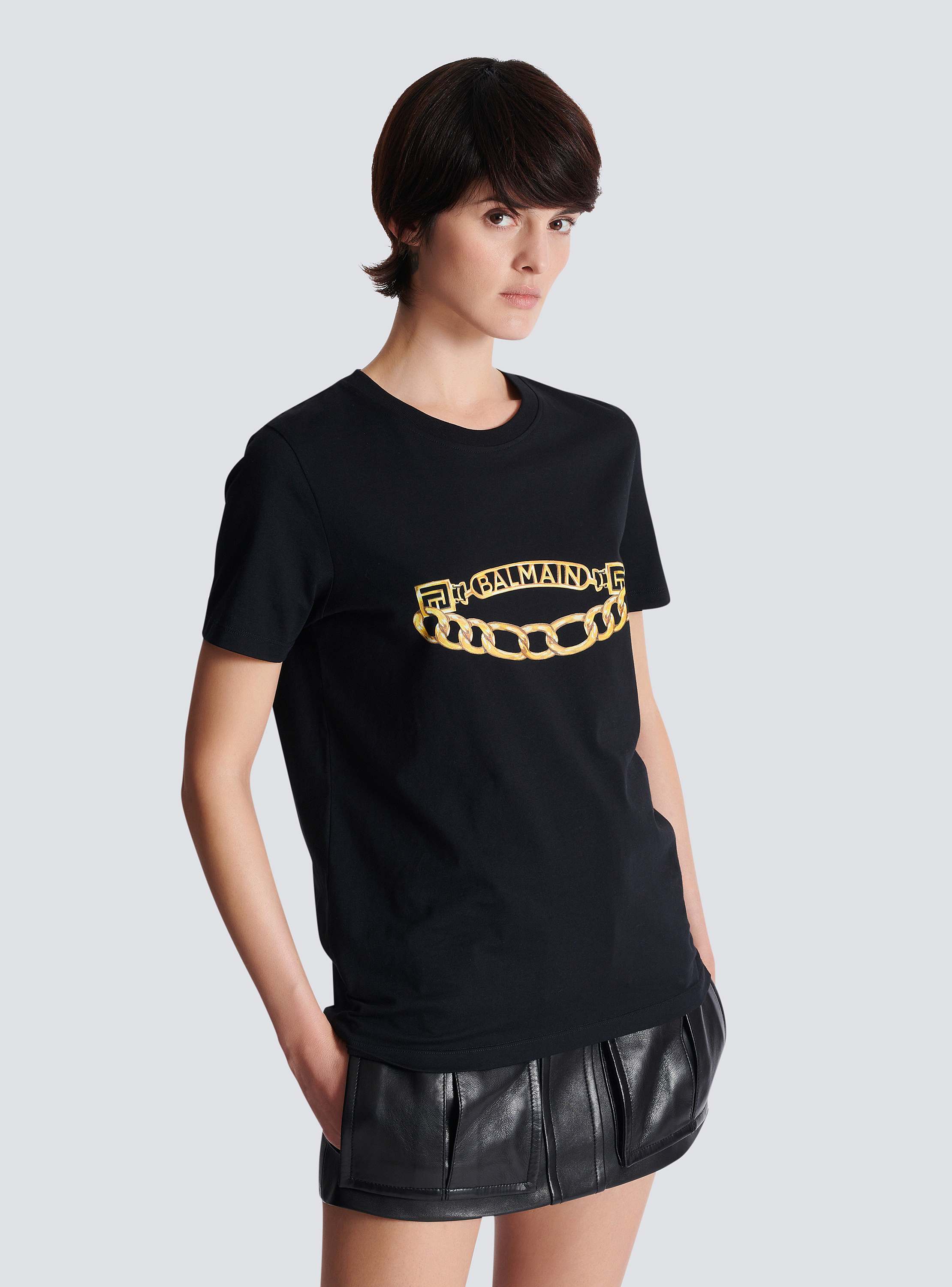 BALMAIN｜SHORT-SLEEVED ROUND NECK T-SHIRTS (CH1EF000BB04 Short-sleeved Balmain Chain print T-shirt black - Women