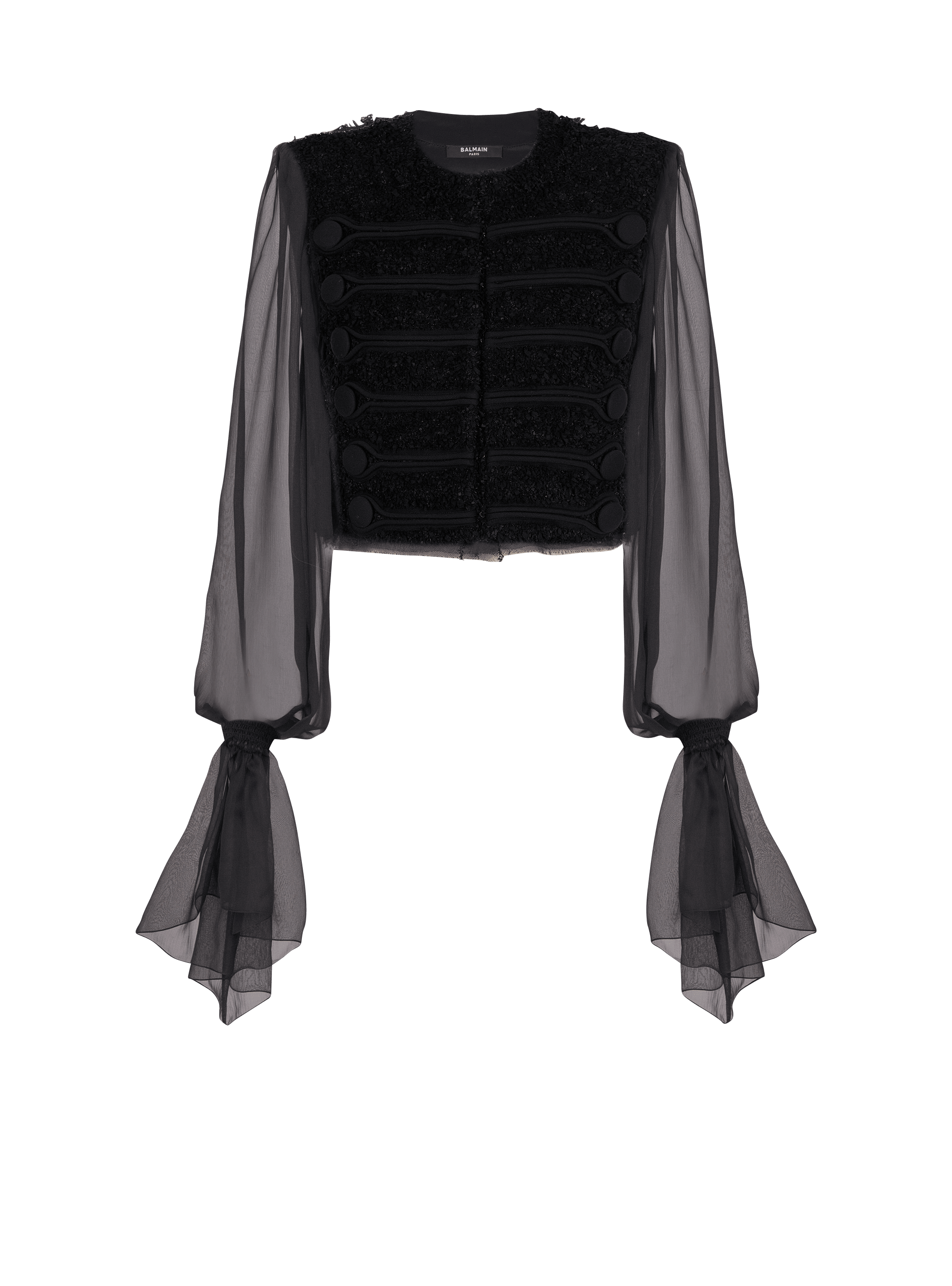 Edge-to-edge tweed and chiffon jacket 