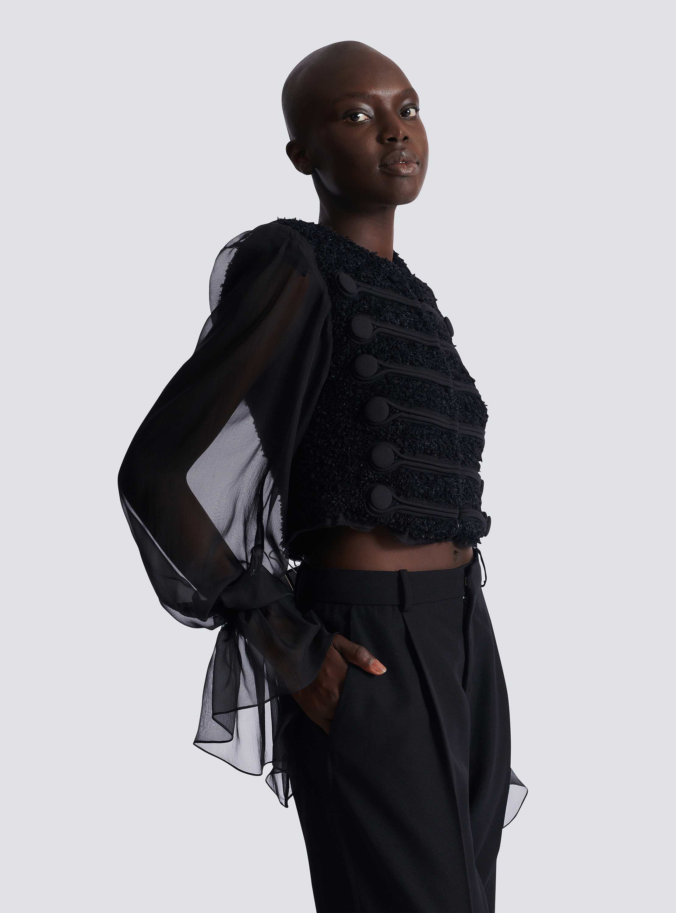 Edge-to-edge tweed and chiffon jacket black black - Women