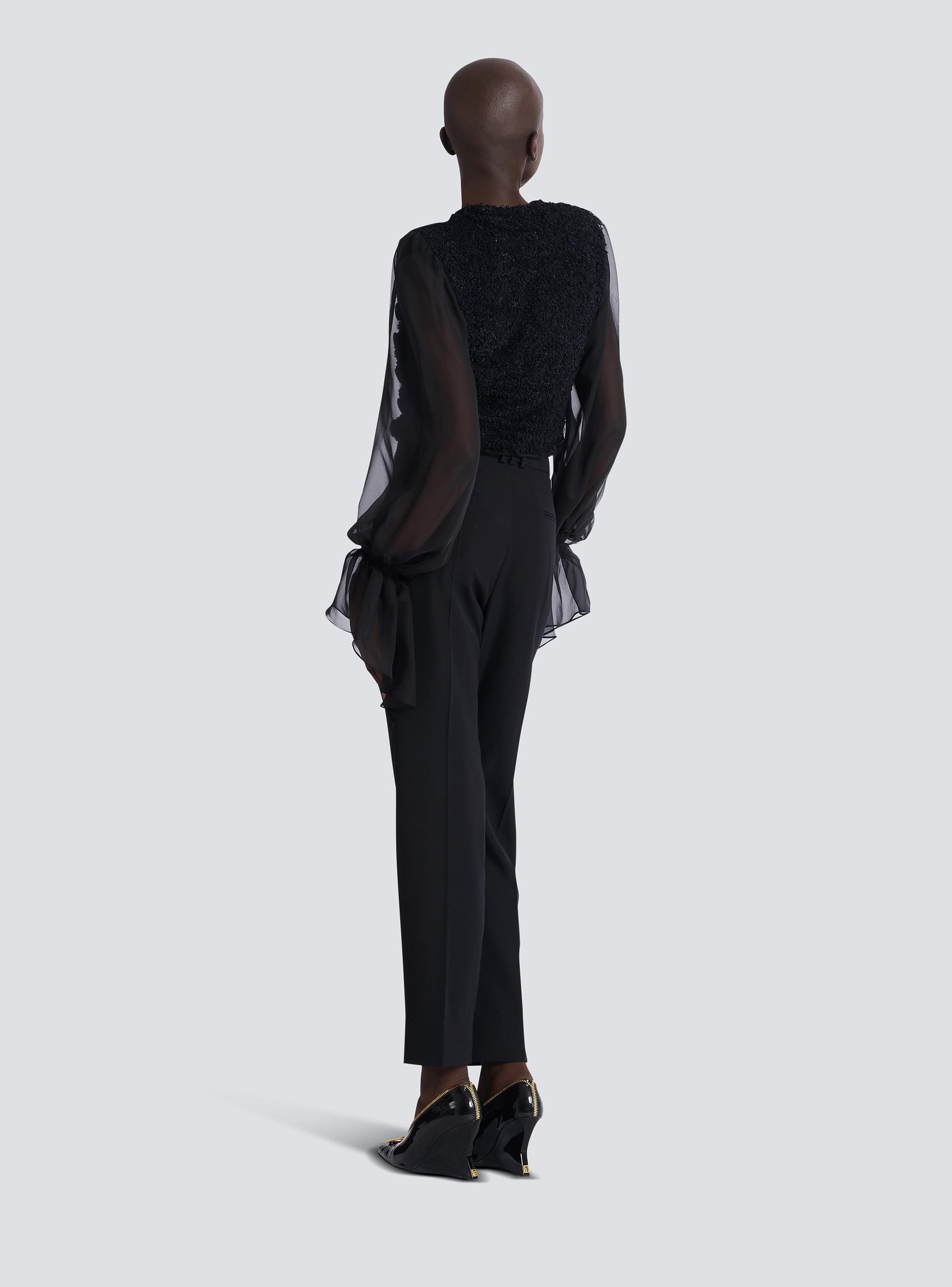 Edge-to-edge tweed and chiffon jacket 