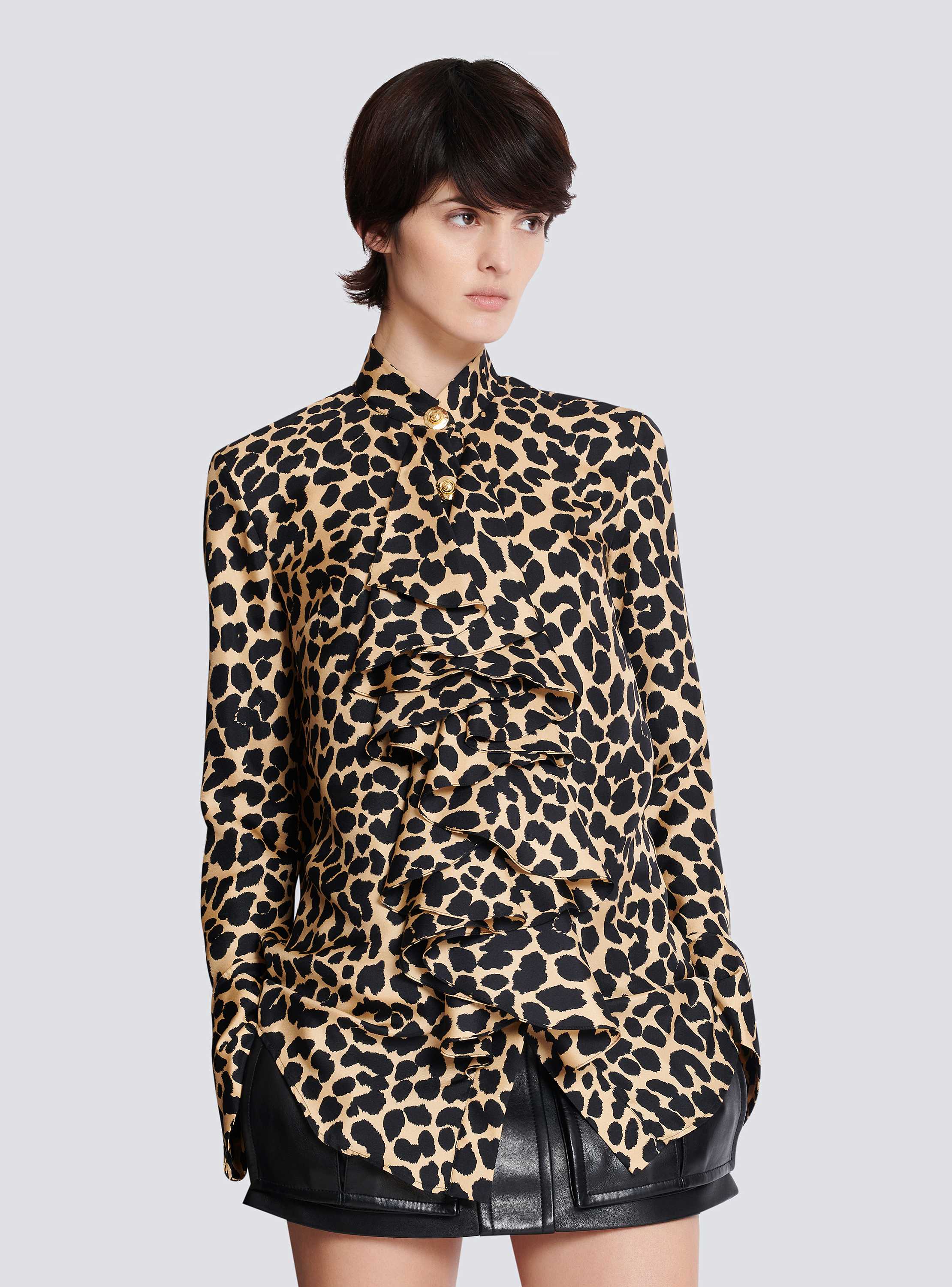 ★BALMAIN★シグネチャー フード Leopard print ruffled shirt black - Women | BALMAIN