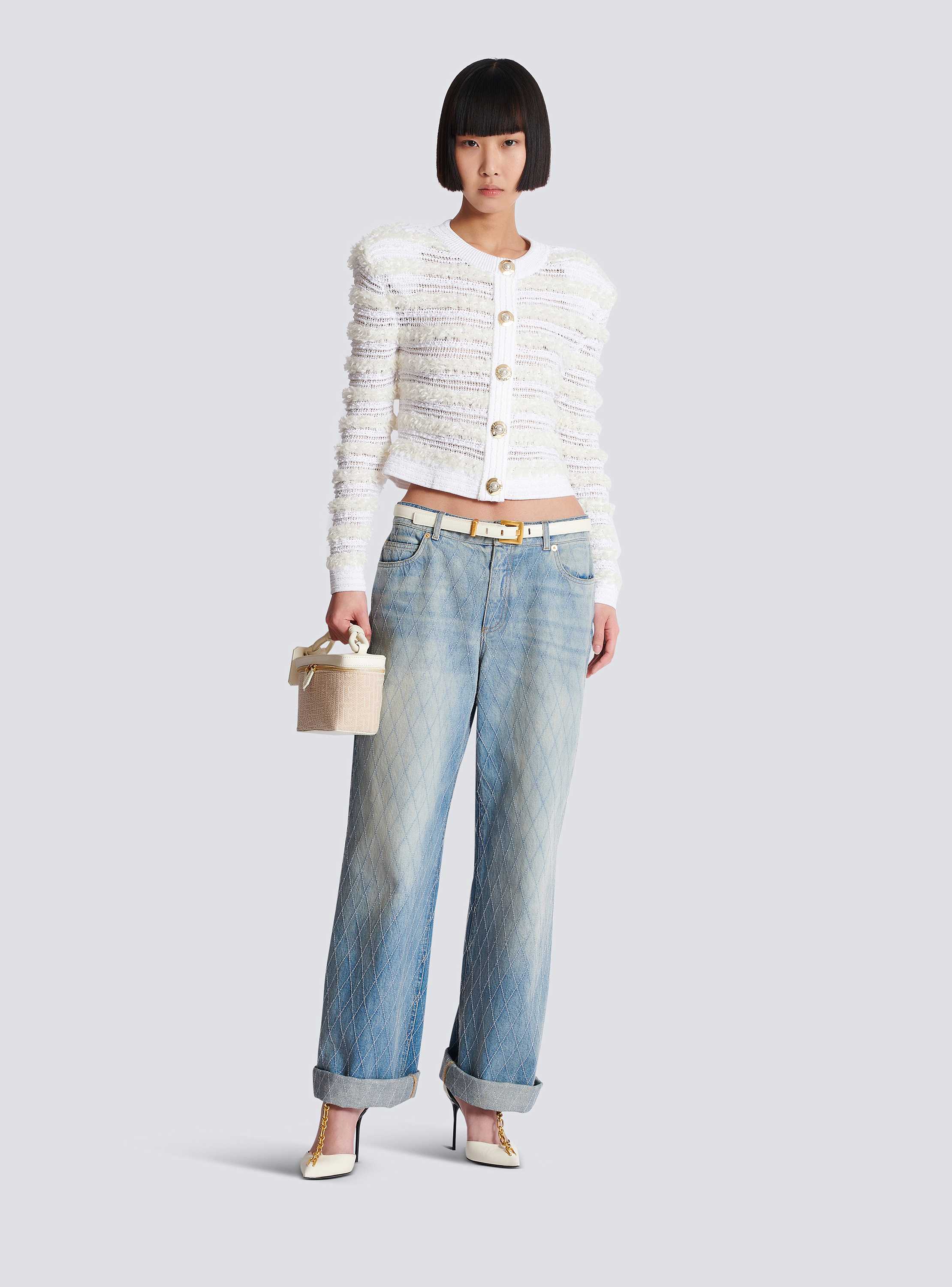 Long-sleeved tweed-effect knit cardigan