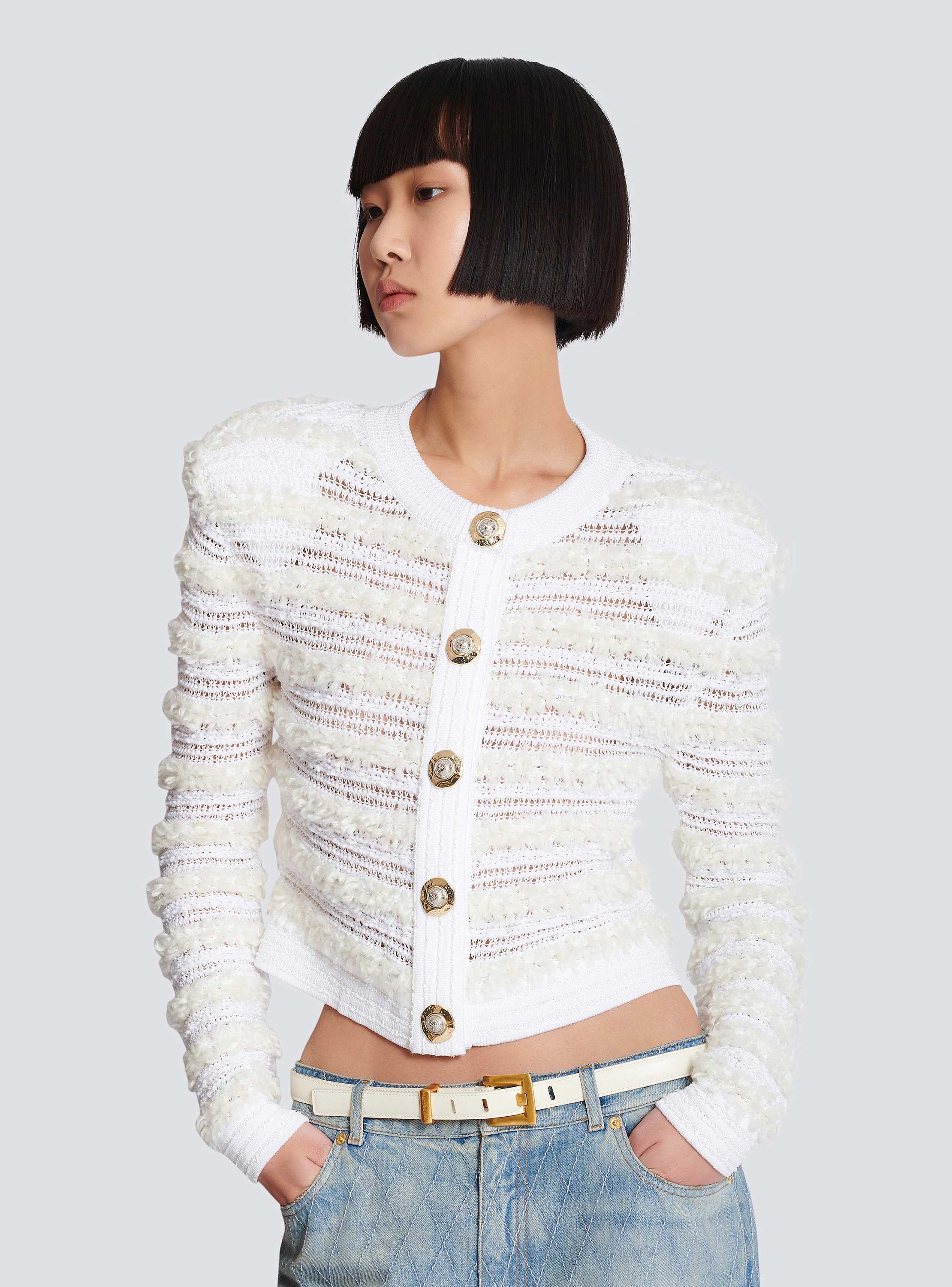 Long-sleeved tweed-effect knit cardigan