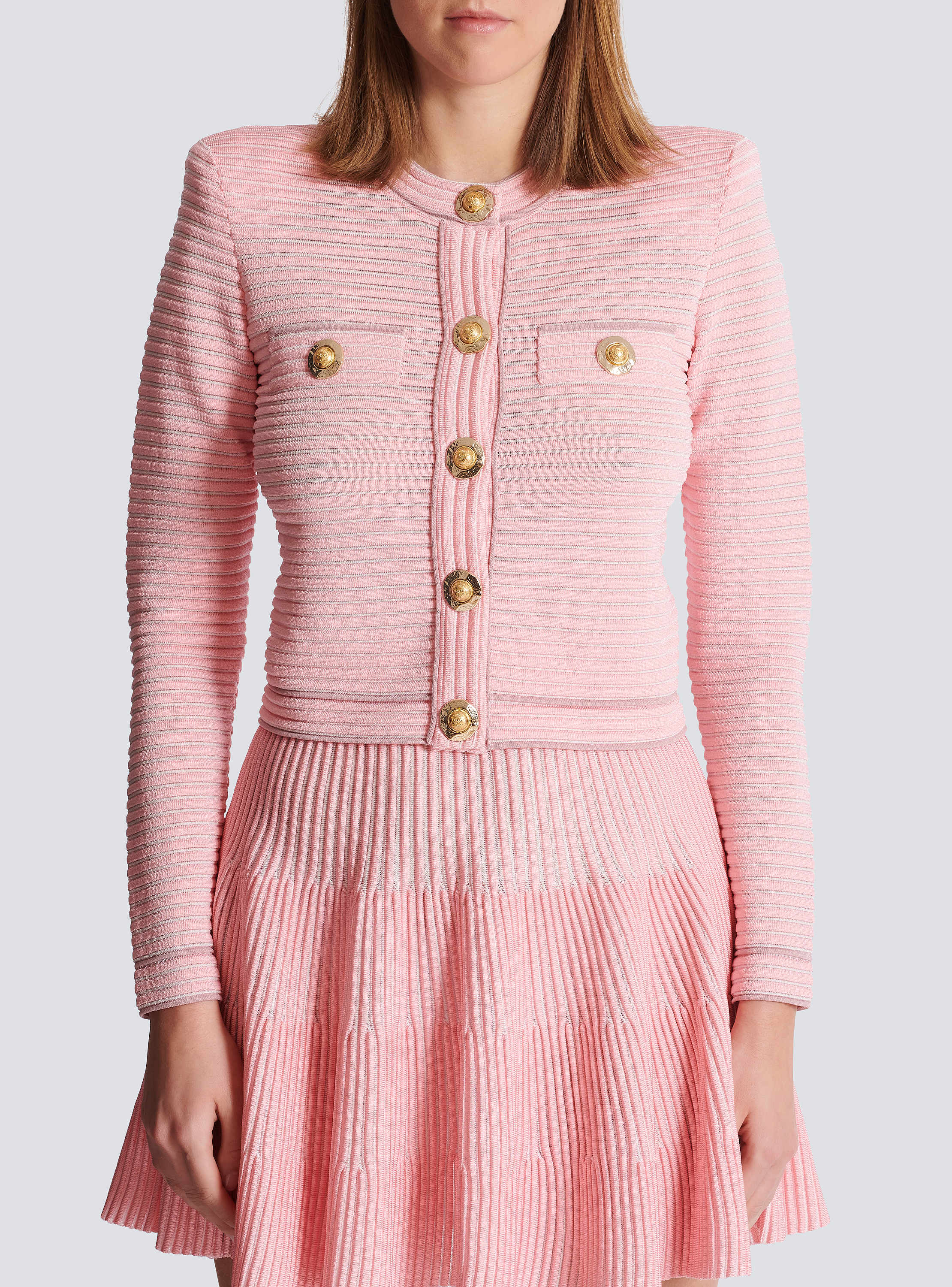 Long-sleeved textured knit cardigan pink - Women | BALMAIN