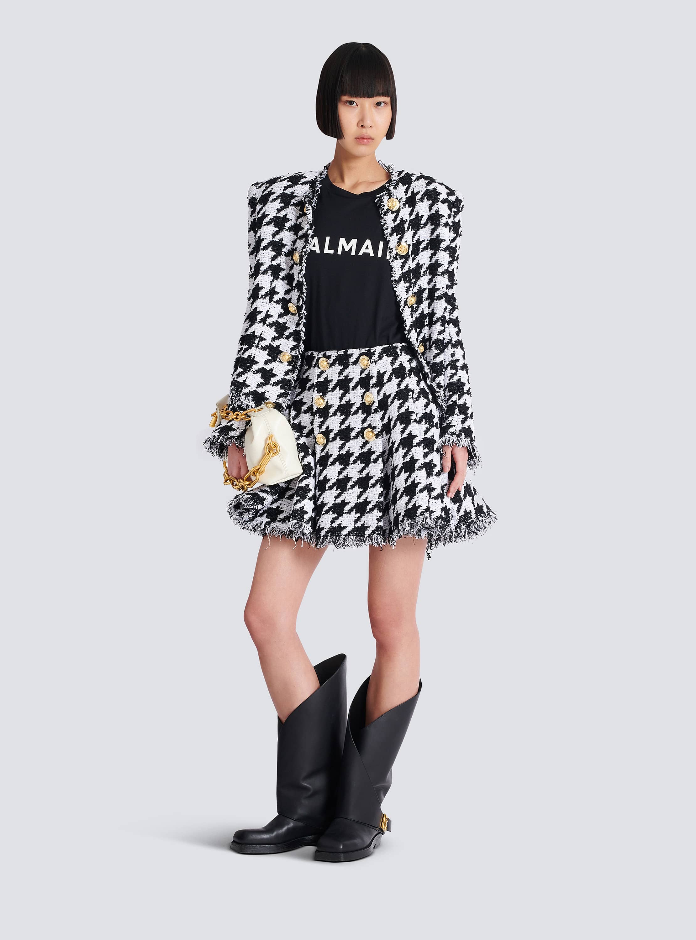 A-line pleated houndstooth tweed skirt