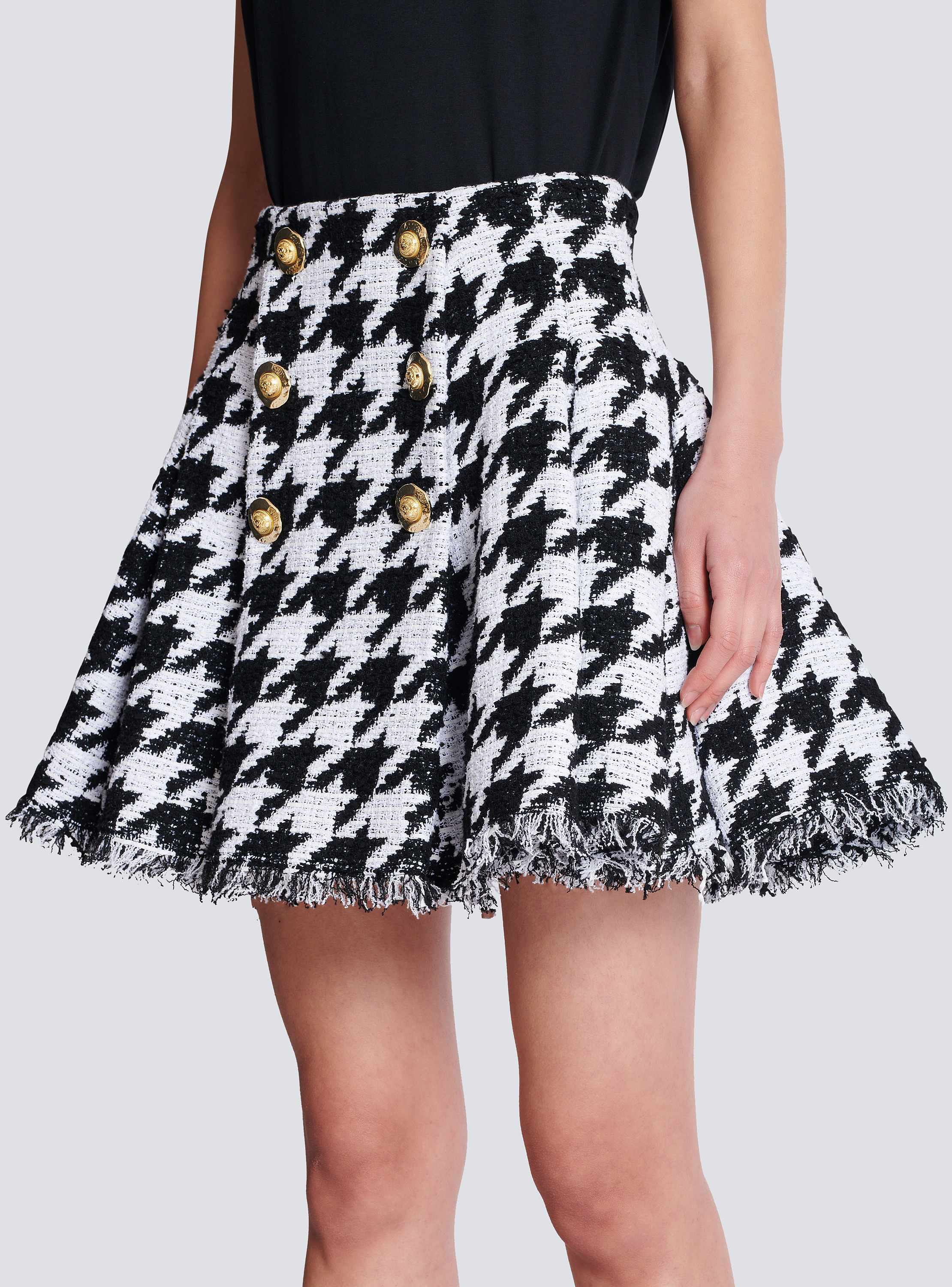A-line pleated houndstooth tweed skirt