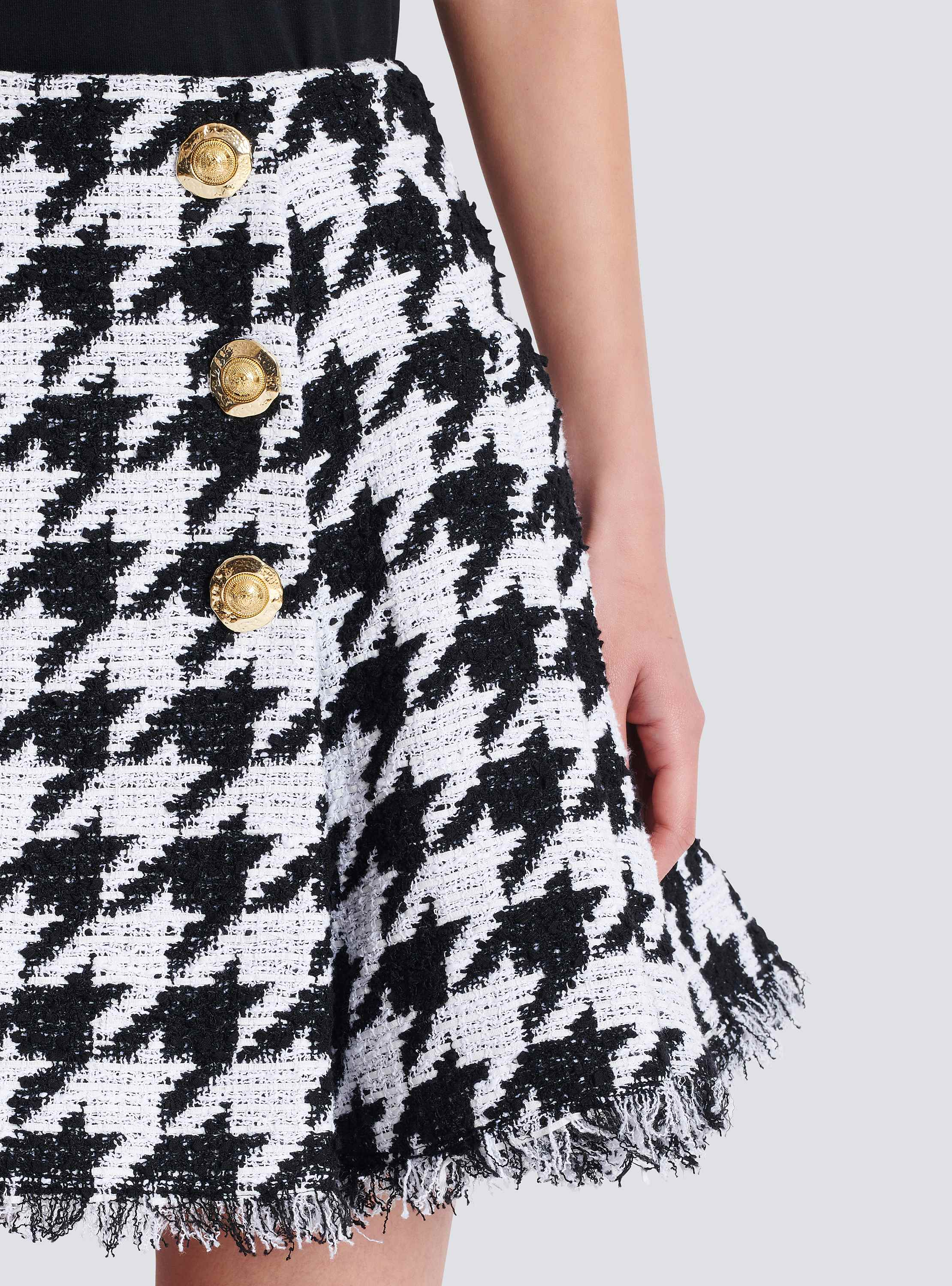 A-line pleated houndstooth tweed skirt