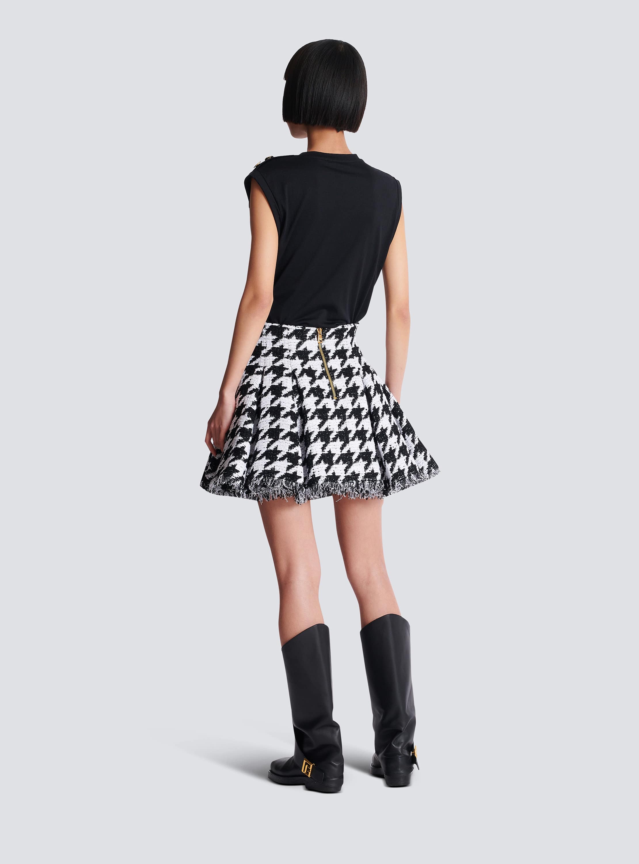 A-line pleated houndstooth tweed skirt