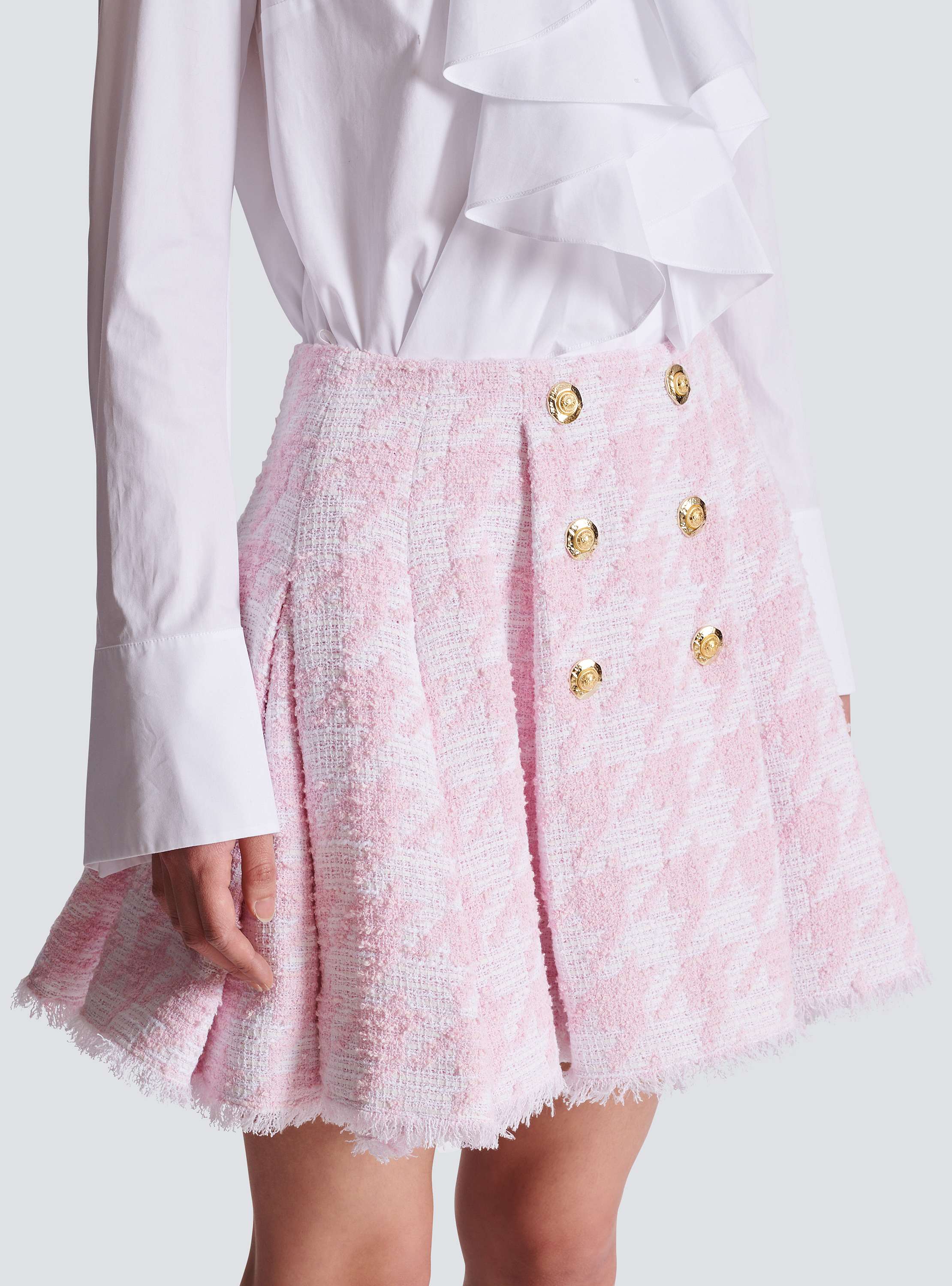 A-line pleated houndstooth tweed skirt