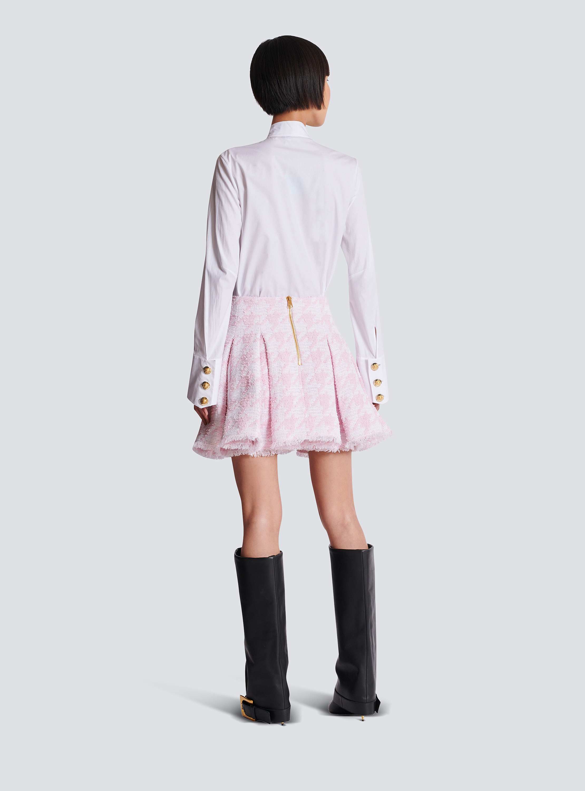 A-line pleated houndstooth tweed skirt