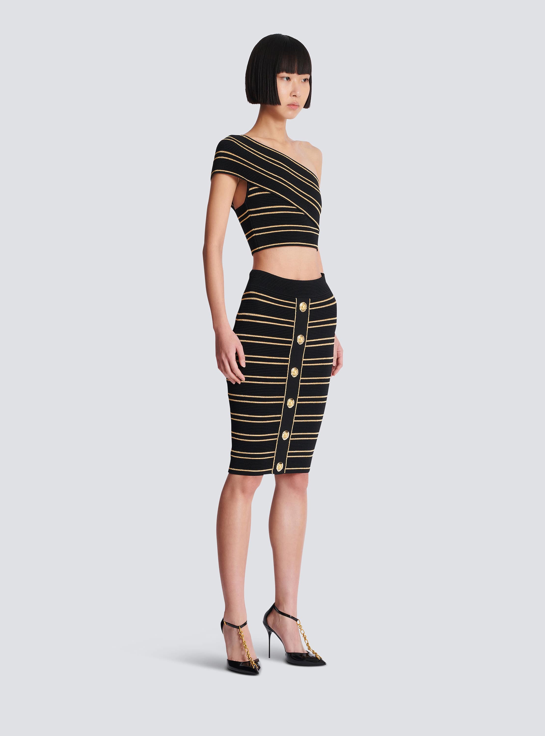 Buttoned Piping Knit Knee Lenght Skirt