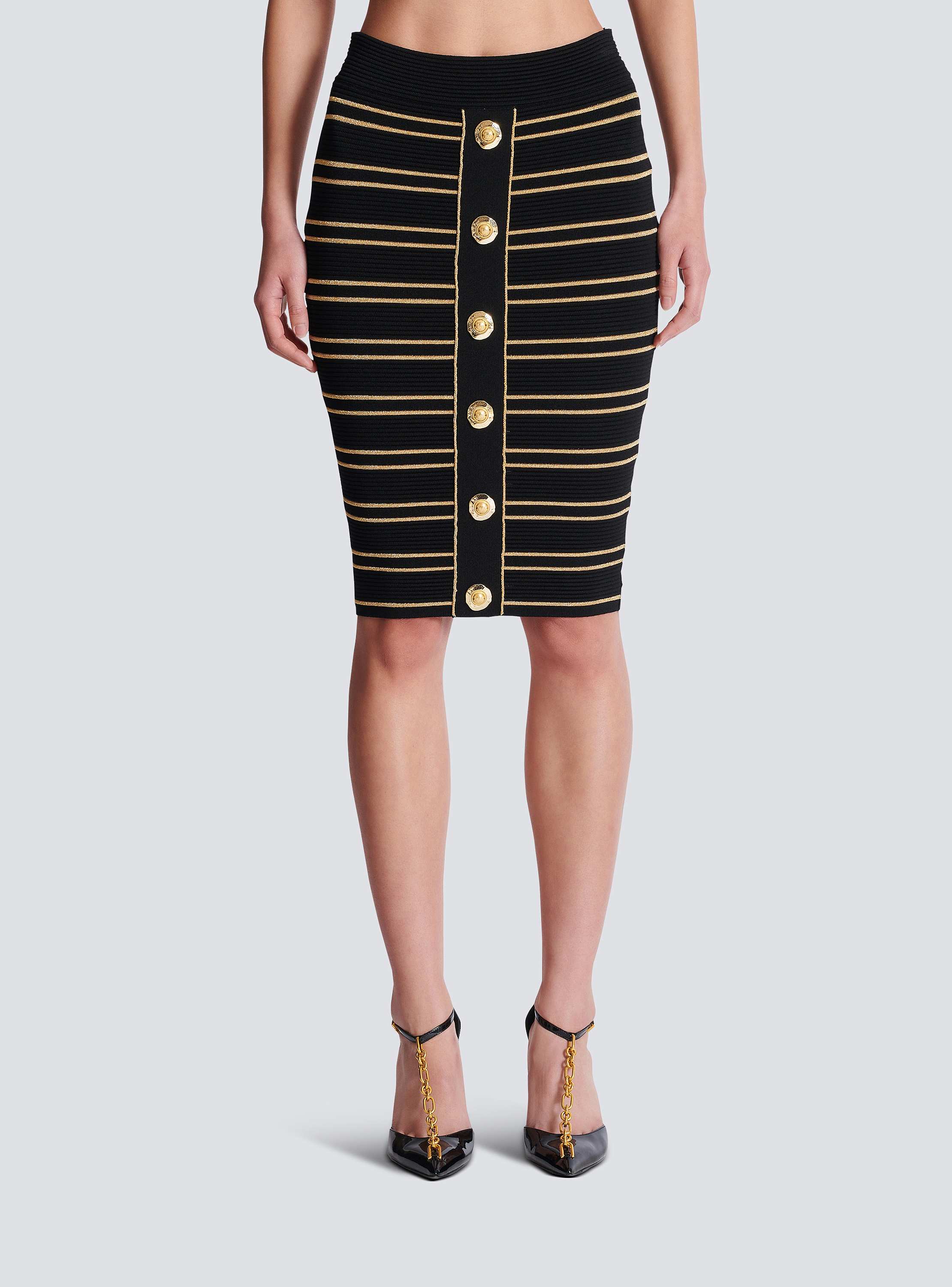 Buttoned Piping Knit Knee Lenght Skirt