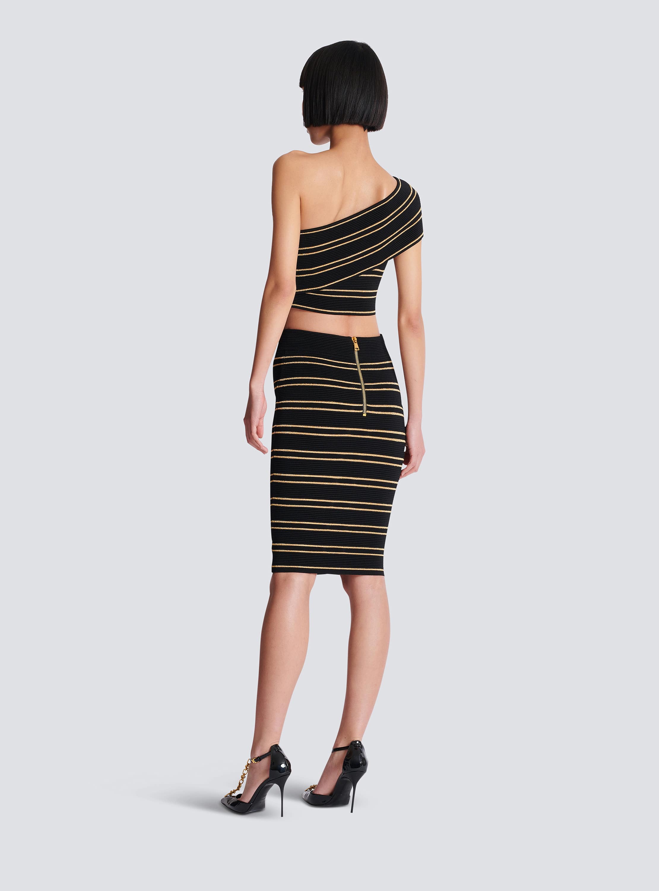 Buttoned Piping Knit Knee Lenght Skirt