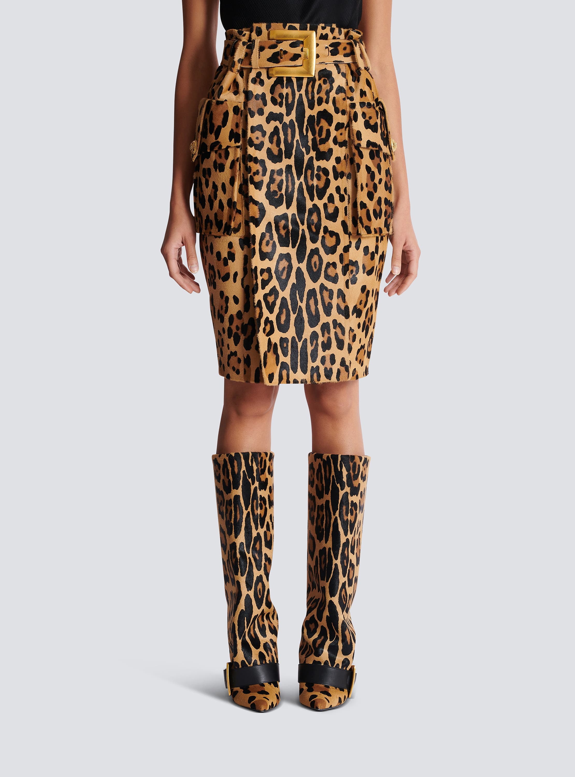 Ponyskin-style leather midi skirt with leopard pattern