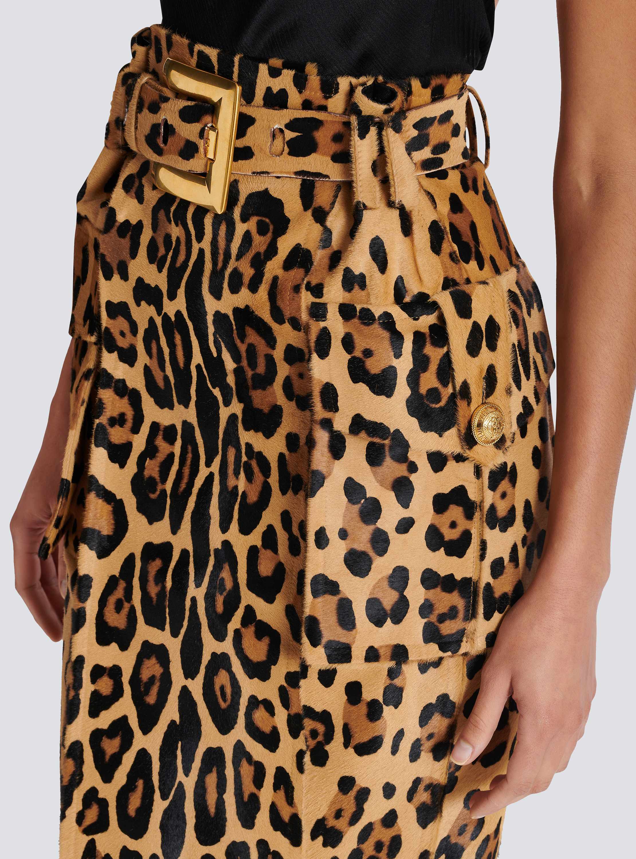 Ponyskin-style leather midi skirt with leopard pattern
