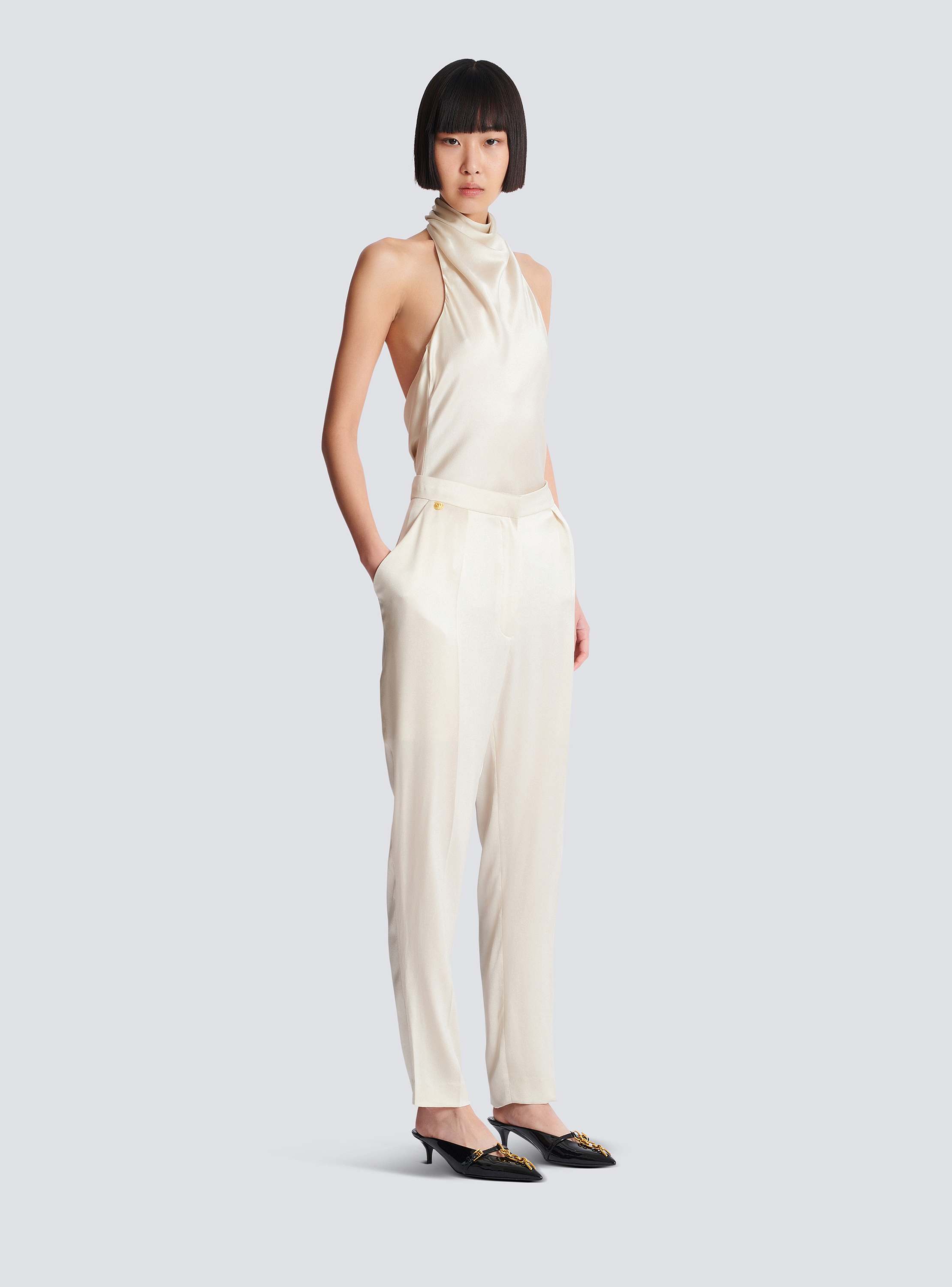 High-waisted silk trousers