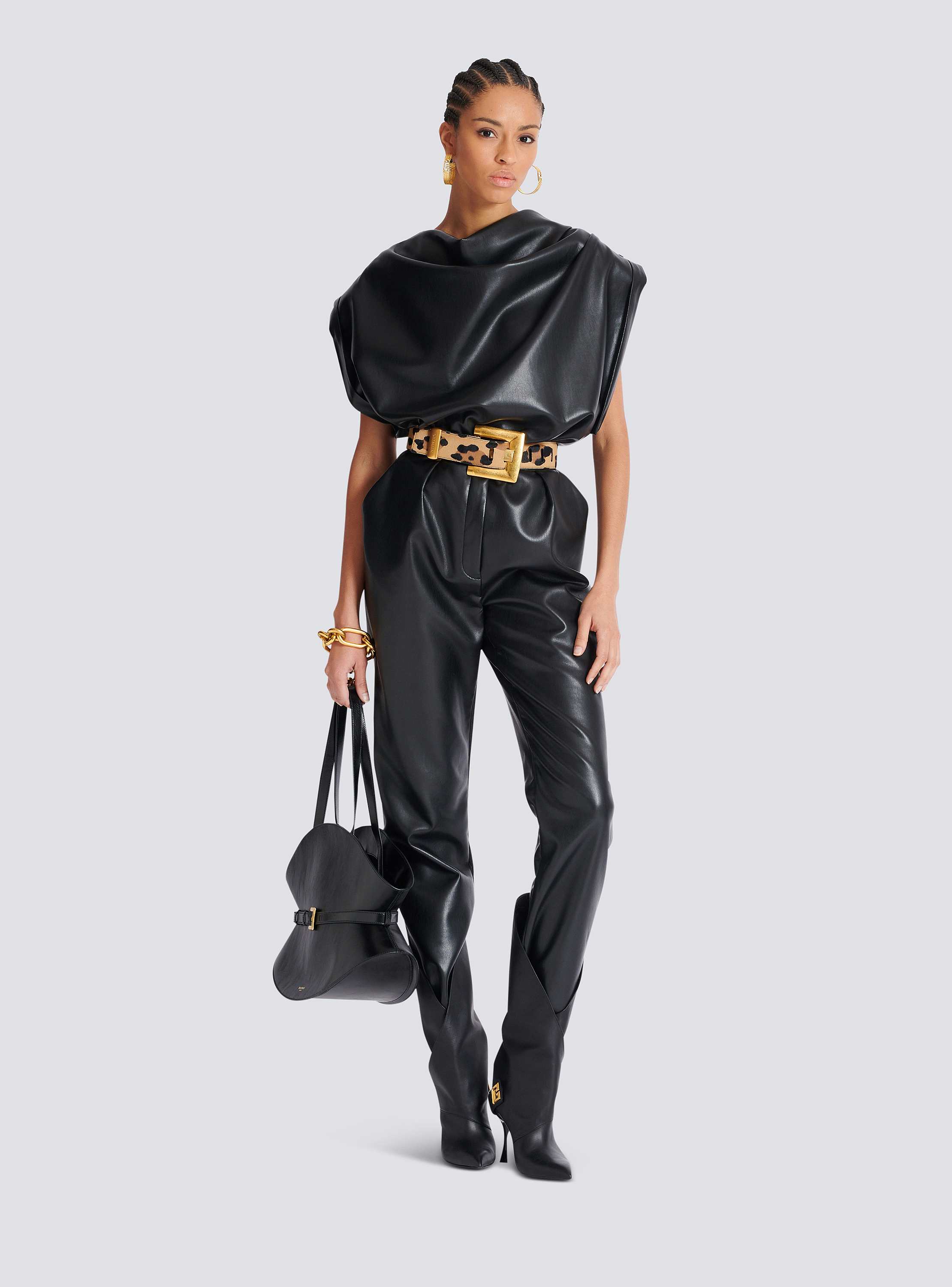 High-waisted faux leather trousers