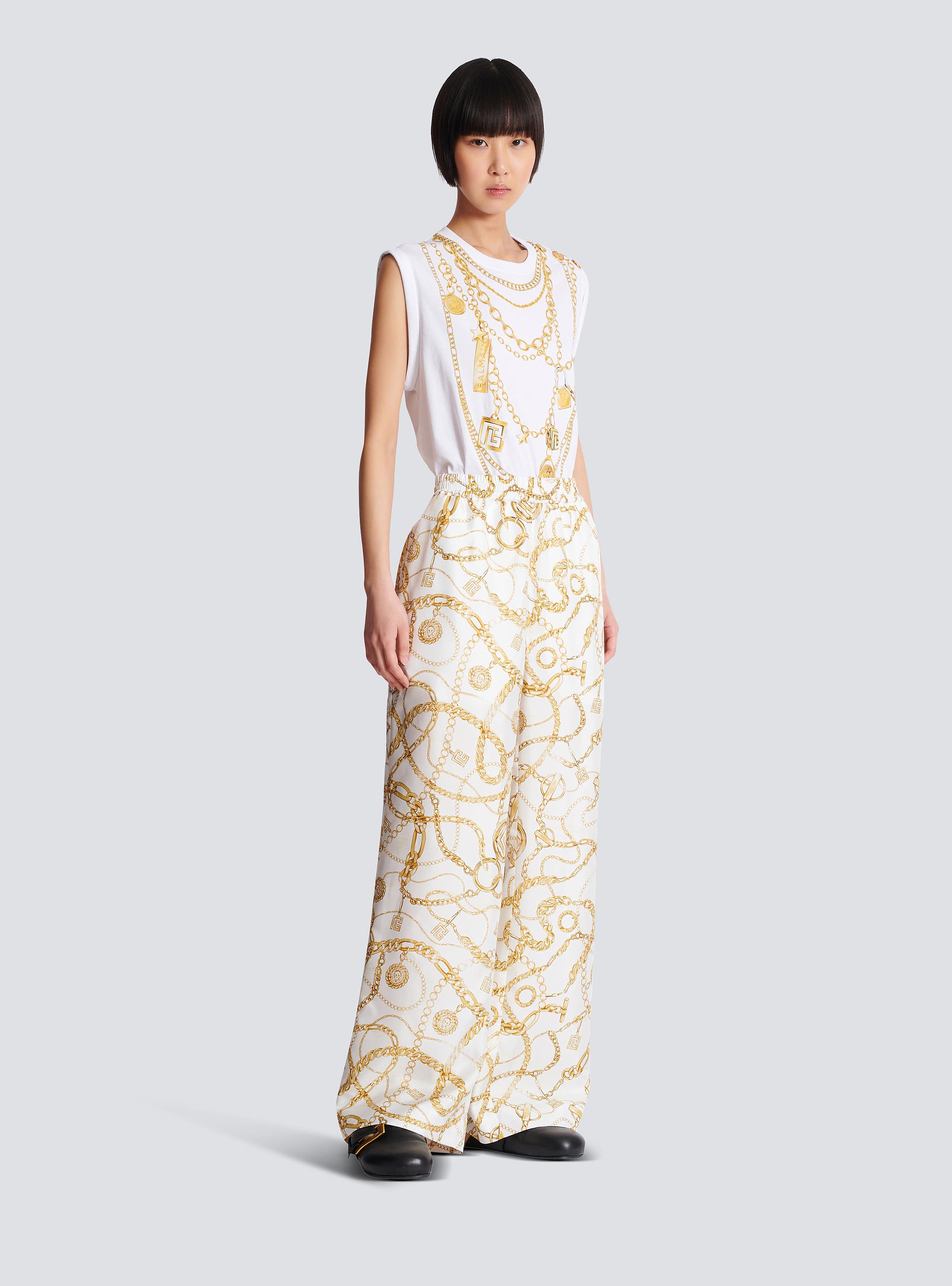 Flowing printed silk trousers with Balmain Chains pattern