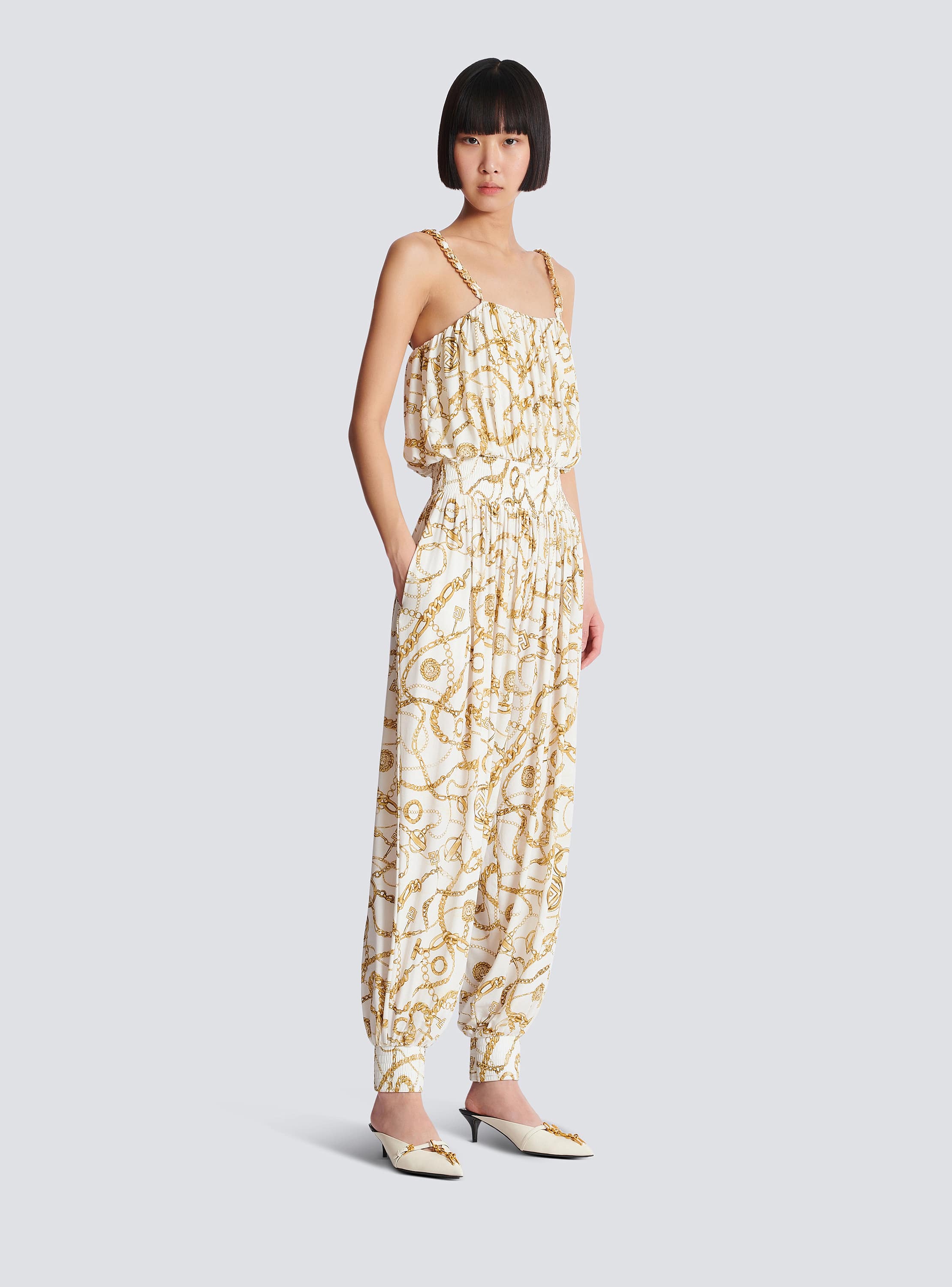 Flowing printed jumpsuit with Balmain Chains pattern