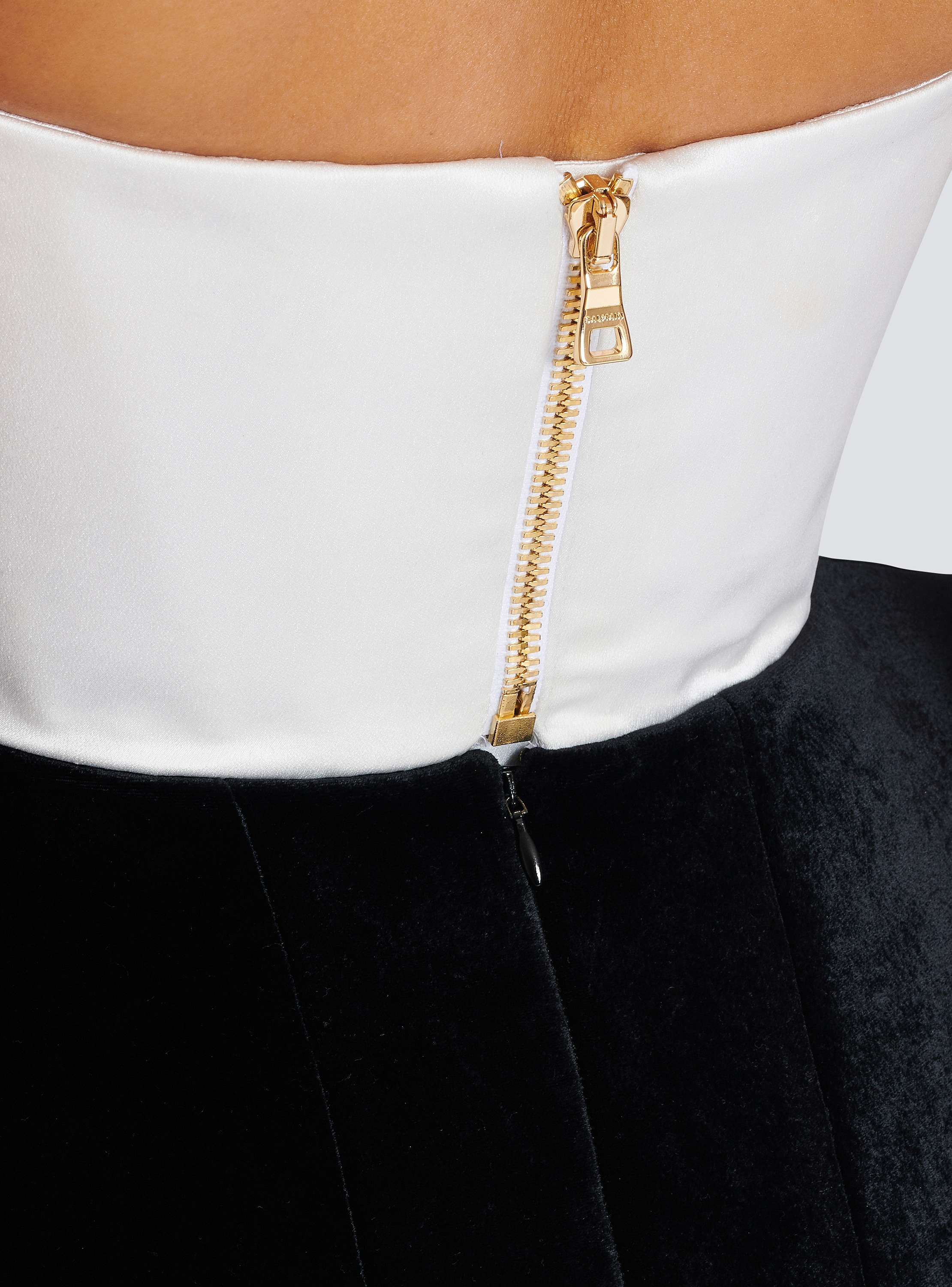 Structured dual fabric strapless dress