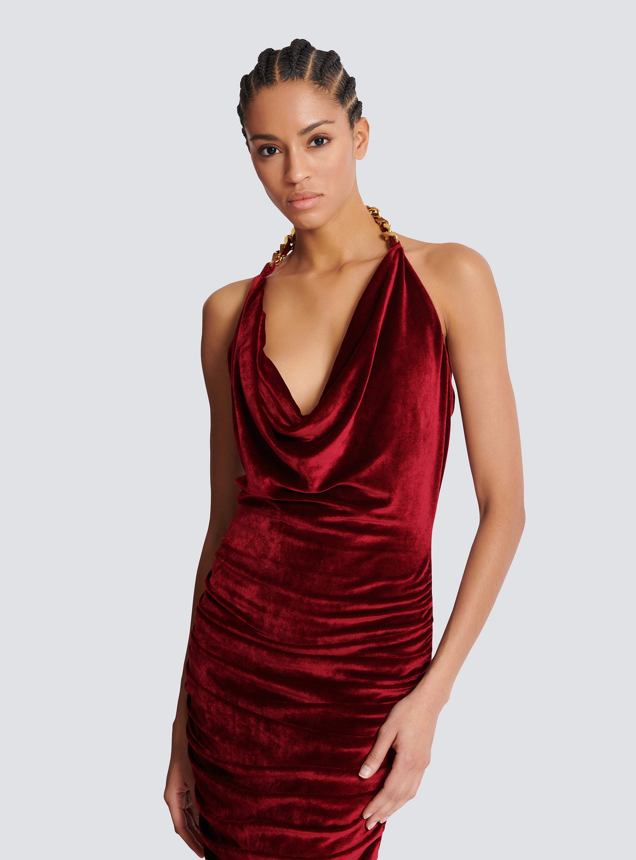 Chain Strap Draped Velvet Short Dress